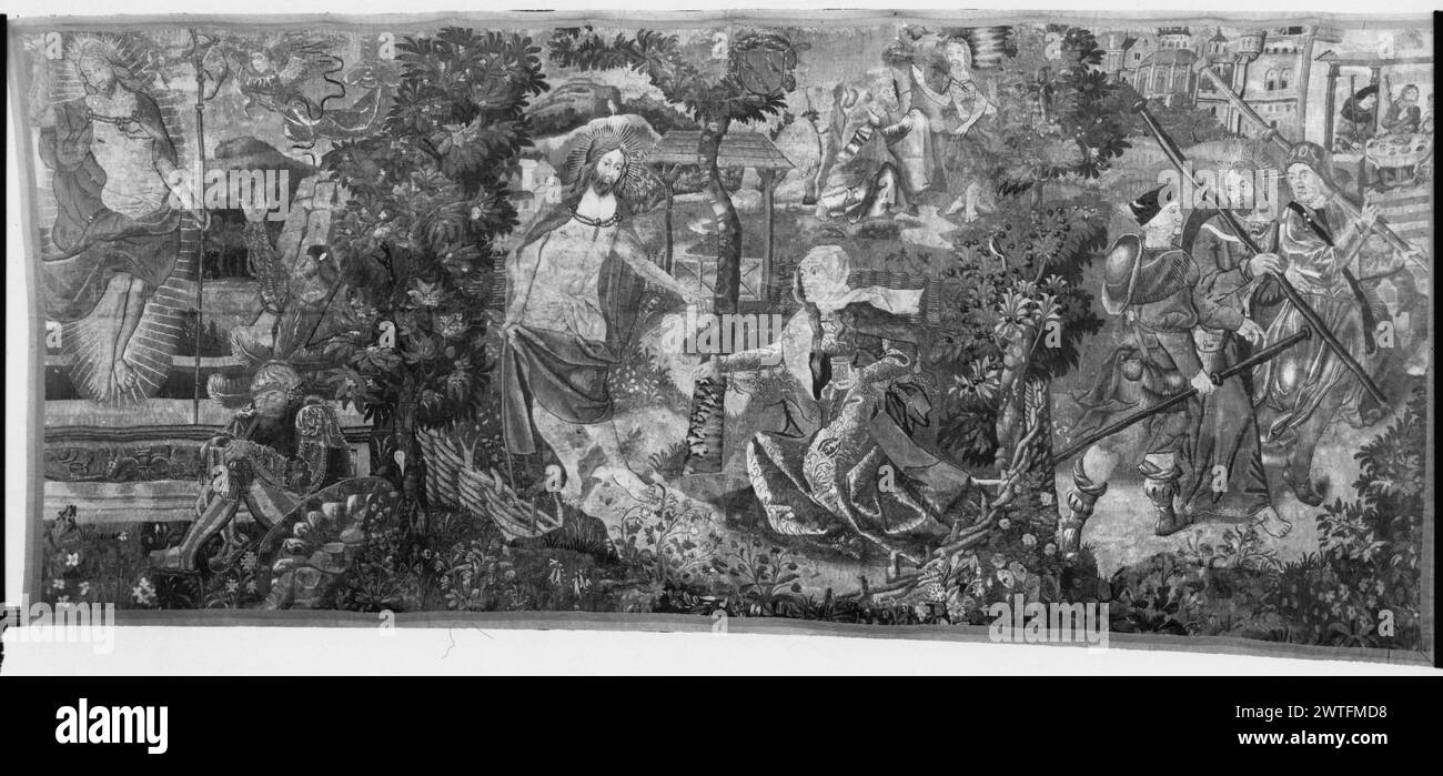 Auferstehung, 'Noli me tangere', Reise nach Emmaus und Abendmahl in Emmaus. Unbekannt ca. 1480-1520 Wandteppich Abmessungen: H 6'1' x B 13'9' Wandteppich Materialien/Techniken: Unbekannt Kultur: Southern Netherlands Weaving Center: Unbekannt Eigentum Geschichte: Französisch & Co. Gekauft von Felix Gouled, erhalten am 11.30.1949; verkauft an Madison Avenue Presbyterian Church am 26.9.1962. Links, auferstandener Christus, mit einem Banner, erscheint aus dem Grab vor einer Gruppe verängstigter Soldaten; Zentrum, St. Maria Magdalena kniet vor Christus, als Gärtner mit Hacke; rechts, 2 Jünger, Kleopas und Peter treffen Christus; rechts Hintergrund, bei t Stockfoto