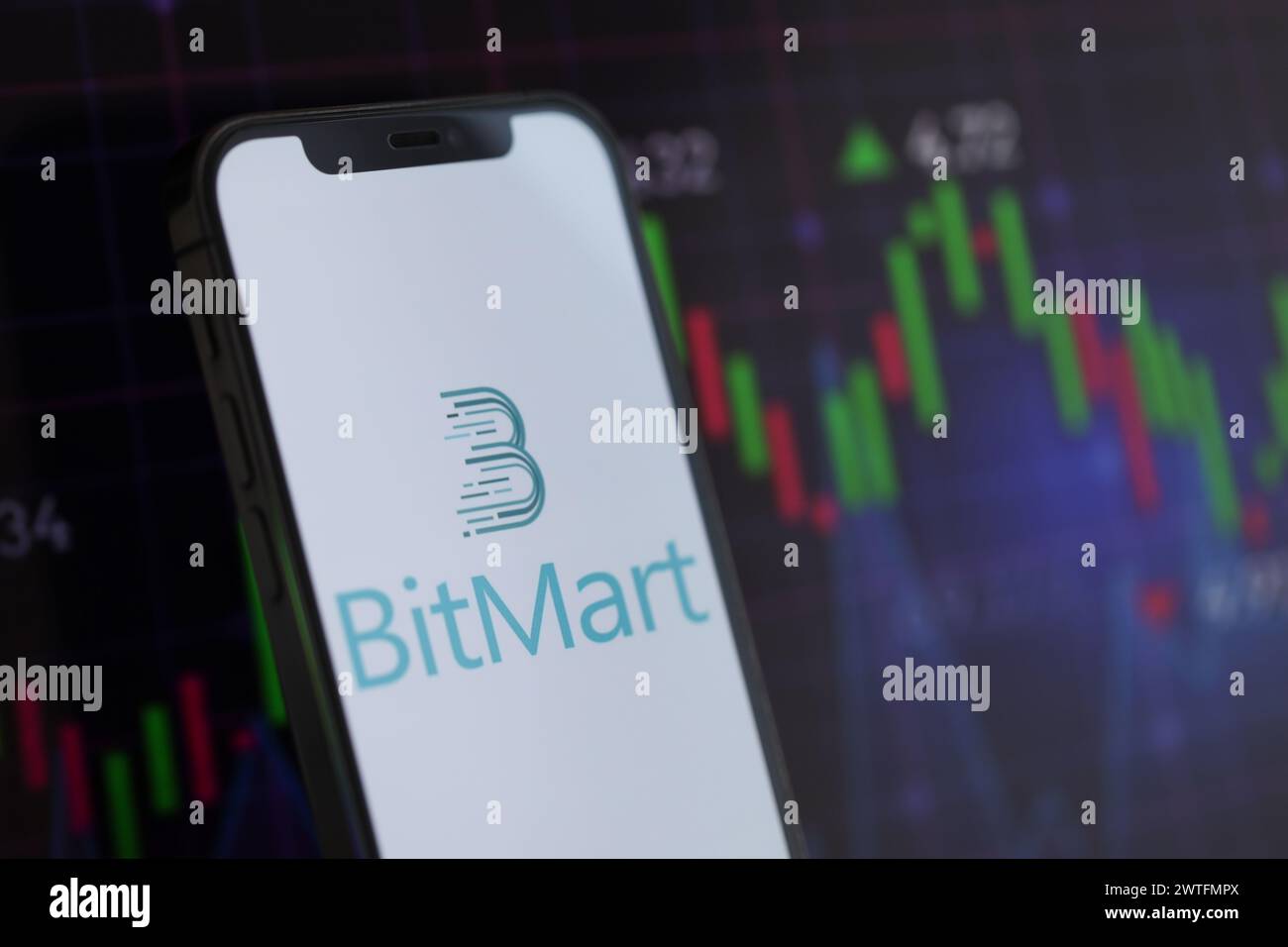 KIEW, UKRAINE - 15. MÄRZ 2024 Bitmart-Logo auf dem iPhone-Display und Kryptowährungswertdiagrammen. Portal für den Austausch von Kryptowährungen Stockfoto