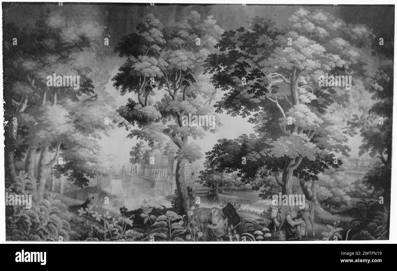 Melkszene. Teniers, David II (Flämisch, 1610-1690) (entworfen nach) [Maler] ca. 1675-1725 Gobelin Materialien/Techniken: Unbekannt Kultur: Flämisches Weberzentrum: Unbekannt Geschichte: Französisch & Co. In der Landschaft nähert sich Schäferhund zwei Frauen, die Kühe melken; ein großes Gebäude in der Nähe des Kanals in der Hintergrundgrenze fehlt. Fragment; Gobelin geschnitten (?) In der Hälfte, wobei nur der obere Teil übrig bleibt. Kein French & Co.-Lagerbogen im Archiv, keine Best.-Nr. Stockfoto