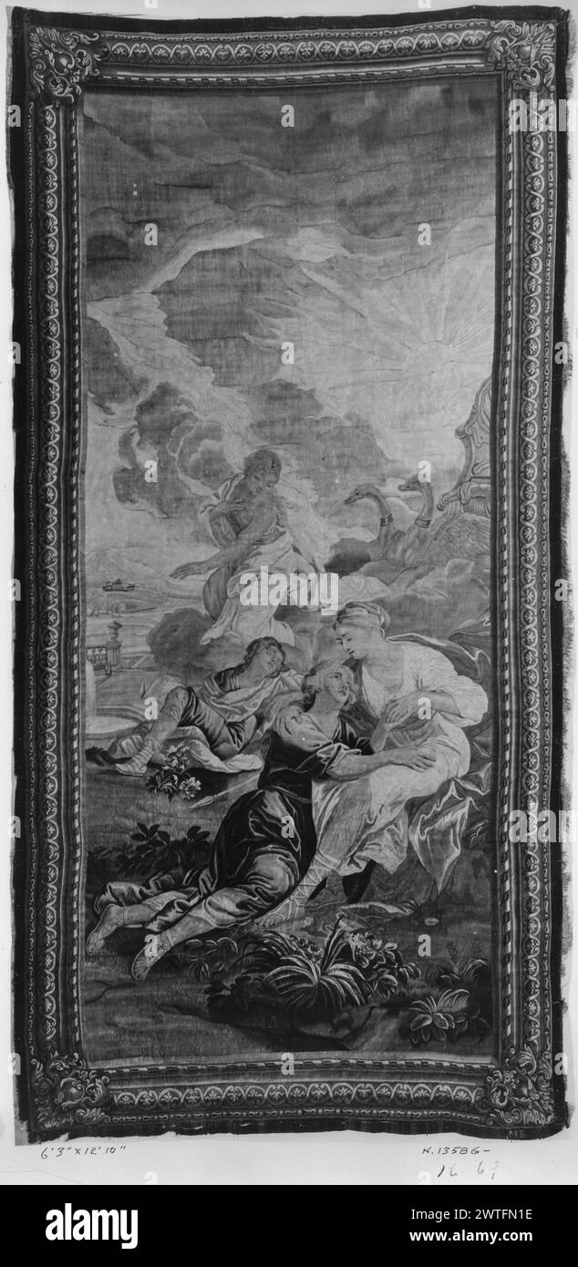 Venus (Aphrodite) und Adonis. Unbekannt ca. 1720-1740 Gobelin Abmessungen: H 12'10' x B 6'3' Gobelin Materialien/Techniken: Unbekannt Kultur: Flämisches Weberzentrum: Brüssel Besitz Geschichte: Französisch & Co. Gekauft von Frau A. B. Spreckels, Rechnungsstellung am 10.1937. Inschriften: Stadtzeichen auf der Unterwache, rechts sitzendes Paar umarmt im Vordergrund; Göttin, mit Schwanenwagen, über schlafender männlicher Figur im Hintergrund (BRD) Bilderrahmenrand mit verdrehtem Band und Palmettenverzierung French & Co. Stock Sheet im Archiv, 18860-b Verwandte Werke: Tafeln im Set: GCPA 0238682-0238683, 0238584-0238585 Stockfoto