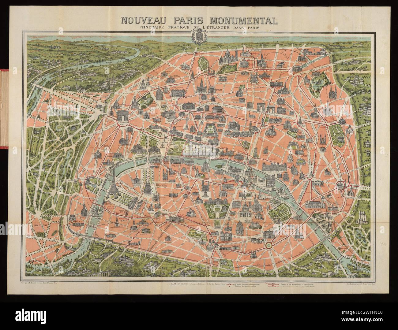 Nouveau Paris monumental : itinéraire pratique de l'étranger dans Paris / gravé par L. Poulmaire. Monuments et Vues des environs de Paris, ca. 1909. Poulmaire, L., Graveurin. [Ca. 1909] zwei Karten gedruckt auf einem Blatt Pergament, eine Vogelperspektive von Paris auf Recto und eine vertikale Projektion der Pariser Region auf der Rückseite. Undatiert, aber der Blick auf Paris umfasst U-Bahn-Linien in Betrieb und im Bau; die jüngste Linie, die als in Gebrauch gezeichnet wurde (étoile-Nation), wurde 1909 eröffnet, was auf ein Veröffentlichungsdatum in oder um dieses Jahr hindeutet. Nicht in Vallée, wo auch eine Ausgabe von 1900 aufgeführt ist Stockfoto