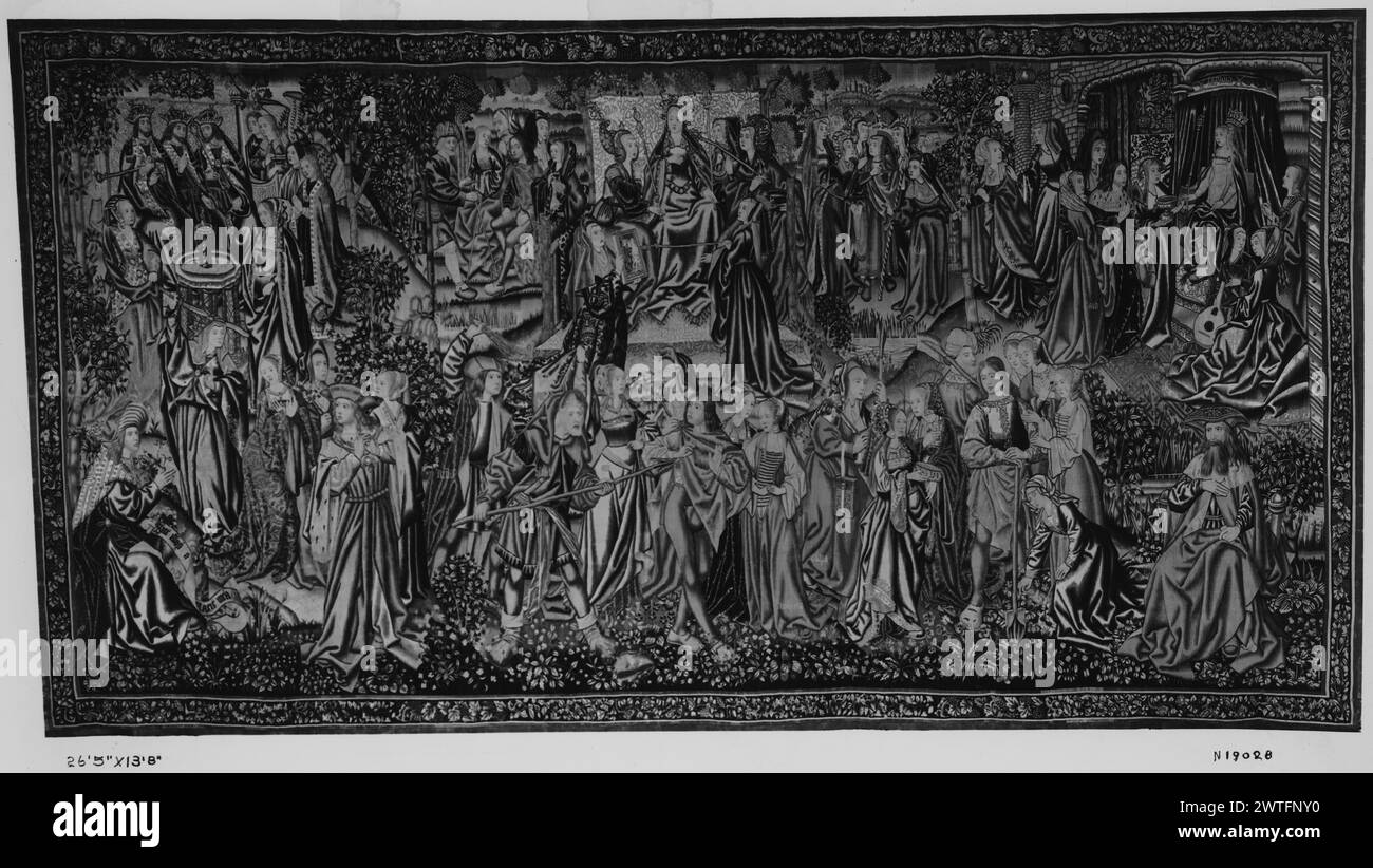 Laster greifen den Mann an. Unbekannt ca. 1510-1515 Wandteppich Abmessungen: H 13'8' x B 26'5' Wandteppich Materialien/Techniken: Wolle (ungefärbt, Kette: 5-6/cm); Wolle & Seide (gefärbt, Schuss) Kultur: Südholländische Eigentümerschaft Geschichte: Kathedrale von Toledo (bis ca. 1900). Ascher Wertheimer Coll.(1902). Weinberg Coll. William Randolph Hearst Coll. (c.1912). Französisch & Co. USA, Kalifornien, San Francisco, die Museen der Schönen Künste von San Francisco, Akno. 54.14.2. Inschriften: Inschrift im zentralen Feld, auf Banderole, die vom Propheten in der Ecke L gehalten wird [das Umweben hat die Inschrift unleserlich gemacht, aber sie kann wohl eine Re haben Stockfoto