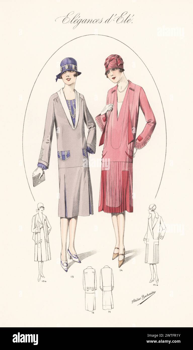 Flappern in Cloche-Hüten und Sommeroutfits, 1926. China-Crepé-Kittel mit Kragen und Plastron aus hellem Seidenkrepp 13, Georgette-Kleid mit Bändern aus schattiertem Satin 14. Handkolorierte Lithographie von Atelier Bachwitz von Modell-Kleider fur den Hochsommer, Elegances d’Ete, Moden for the Hot Season, Atelier Bachwitz AG, Wien, 1926. Stockfoto