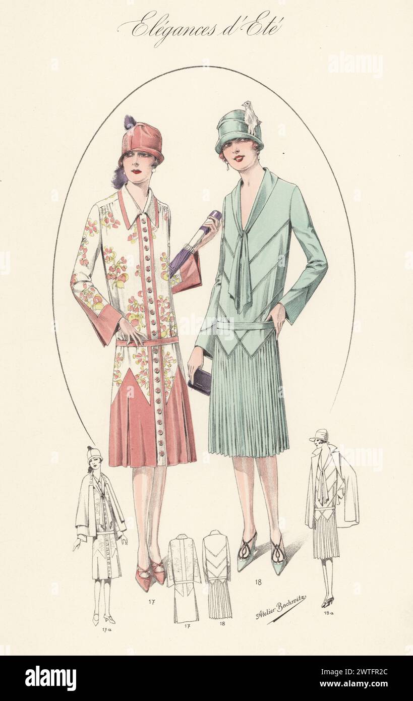 Flappern in Cloche-Hüten und Sommeroutfits. Kleid und Kapsel aus Krepp-Satin, gestickt mit Seidenkrepp 17, Kleid mit Plissee-Rock aus Krepp de Chine 18. Handkolorierte Lithographie von Atelier Bachwitz von Modell-Kleider fur den Hochsommer, Elegances d’Ete, Moden for the Hot Season, Atelier Bachwitz AG, Wien, 1926. Stockfoto