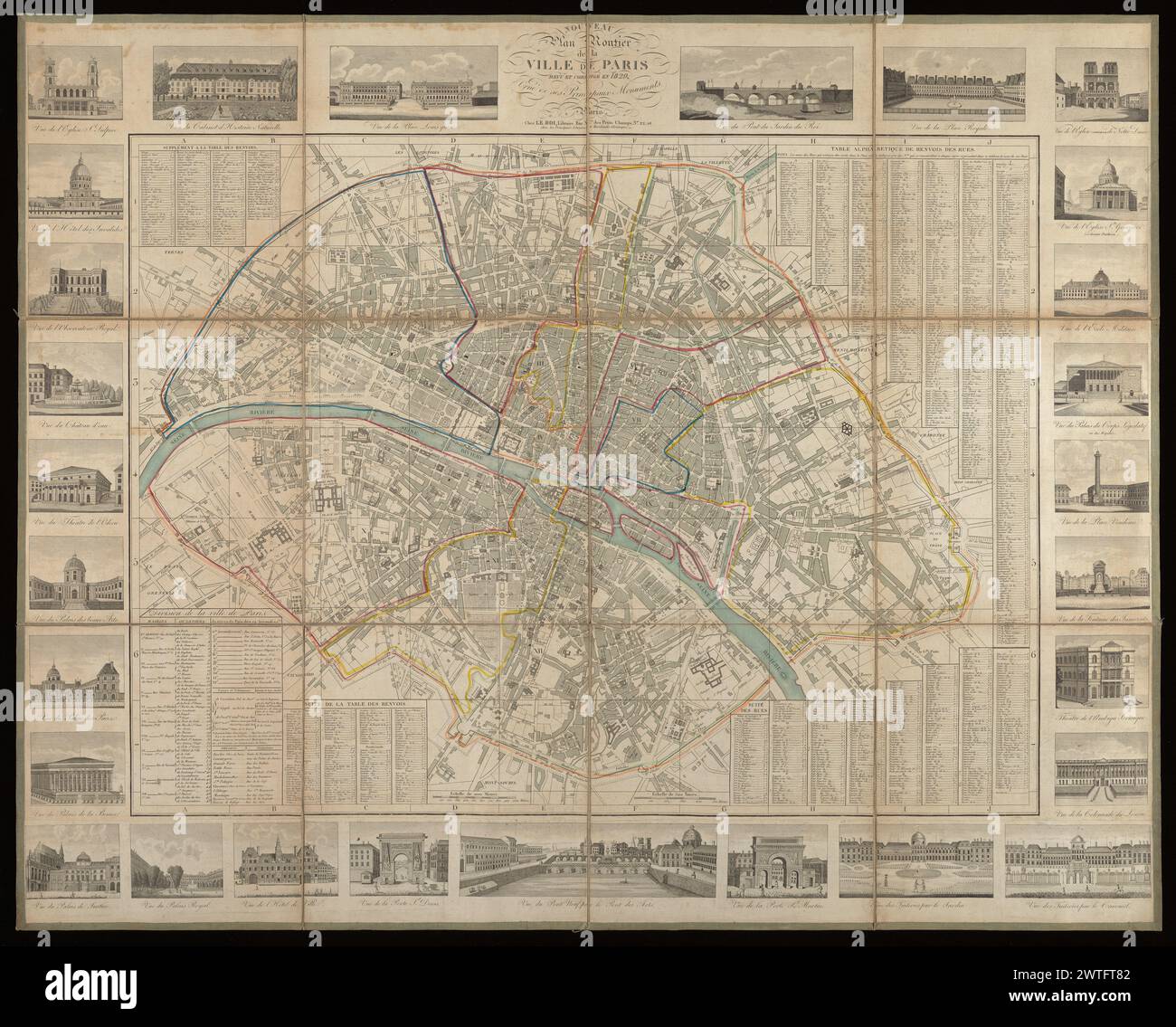 Nouveau Plan routier de la ville de Paris : revu et corrigé en 1829 : orné de ses principaux Monuments, 1829. [1829] Plan begrenzt von 28 (nicht 29) Ansichten wichtiger Gebäude und anderer Gebäude, mit Titelfeld oben in der Mitte. Skalenbalken in Metern und Toises. Einschließlich Straßenindizes und Division de la Ville de Paris. Grenzen von Arrondissements in Farbe nachvollzogen. Skalieren Sie ca. 1:15.000. Index: Vallée, L. Catalogue des Plans de Paris, 1876. Stockfoto
