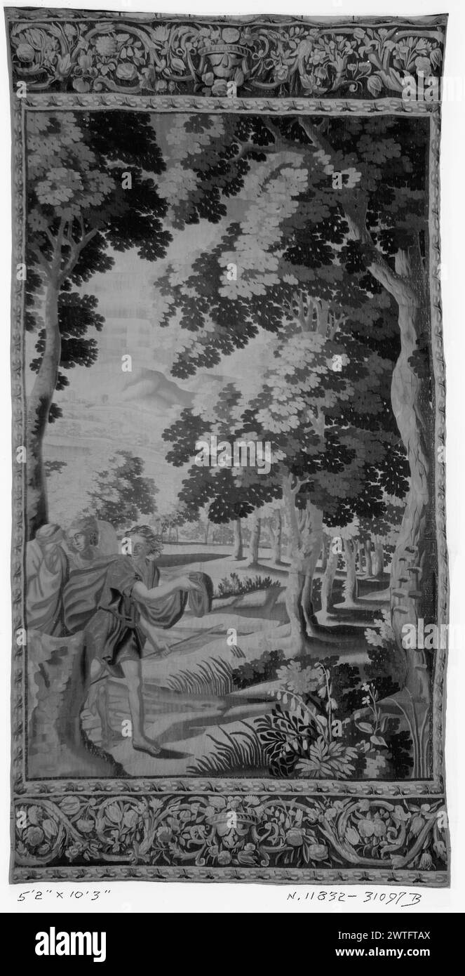 Söhne von Noah in landschaftlicher Umgebung. Unbekannt ca. 1675-1725 Gobelin Abmessungen: H 10'3' x B 5'2' Gobelin Materialien/Techniken: Unbekannt Kultur: Flämisches Weberzentrum: Unbekannt Eigentum Geschichte: French & Co. Gekauft von American Art Association (New York), 12/1/1927 (Benguiat Sale), fakturiert am 3.1927; verkauft an Frederick de P. Foster, 5.10.1928. 1 trägt Staff (UPR & LWR BRD) Rinceaux mit Blumen zentriert durch Blumenvase French & Co. Stock Sheet im Archiv, 31097 Verwandte Werke: Tafeln im Set: GCPA 0184417, 0236735 Stockfoto