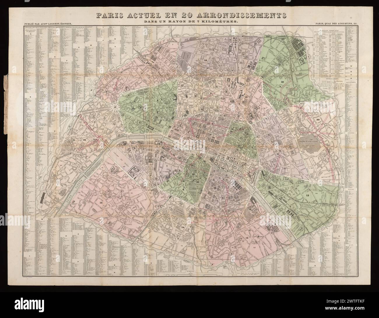 Paris actuel en 20 Arrondissements : dans un rayon de 70 kilomètres / gravé par F. Lefèvre, 186-. Lefèvre, F., Graveurin. [186-] Plan hat kein Veröffentlichungsdatum, erschien aber vermutlich, nachdem die Zahl der Arrondissements am 1. Januar 1860 von 12 auf 20 erweitert wurde, aber bevor diese Ausgaben 1867 und 69 erschienen. Arrondissements handgefärbt. Neue Durchgangsstraßen in Bearbeitung oder geplant, die durch von Hand gezeichnete, parallele rote Linien gekennzeichnet sind. Der Plan wird in den Quadraten mit den Nummern 1-82 gelenkt, auf die Straßen usw. indexiert sind. Gefalteter Plan, montiert auf S. [3] der Abdeckung aus grünem texturiertem Tuch. Sie ist auf S. [1] und [4] in Blindzeichen eingestanzt Stockfoto