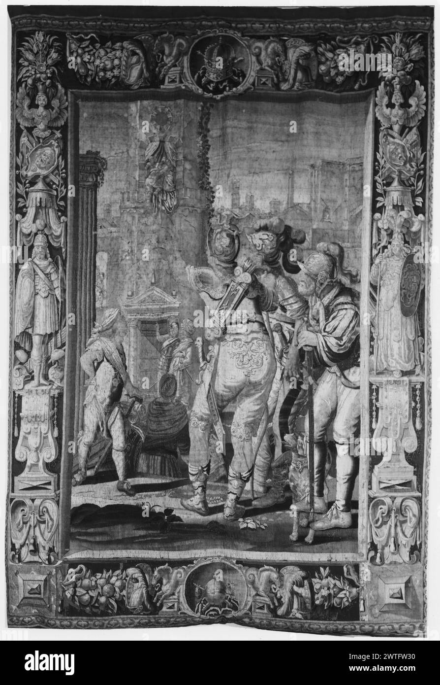 Der Tod von Mark Antonius. Unbekannt ca. 1640-1660 Wandteppich Abmessungen: H 12'6' x B 8'8' Wandteppiche Materialien/Techniken: Unbekannt Kultur: Flämisches Webzentrum: Brüssel Eigentumsgeschichte: Französisch & Co. Der sterbende Markus Antonius wird von Kleopatra und ihren beiden Dienstmädchen (BRD) in das Denkmal von Kleopatra gehoben; Kampftrophäen mit Blumen und Früchten; (L & R BRD) Endfiguren stehen auf Sockeln, (UPR & LWR BRD) Medaillons mit heraldischen Symbolen in der Mitte kein French & Co.-Stock-Blatt im Archiv, keine Best.-Nr. Plutarch, Lives of the Noble Grecians & Romans (1932), 1147, 1148 Verwandte Werke: Tafeln im Set: GCPA 023 Stockfoto
