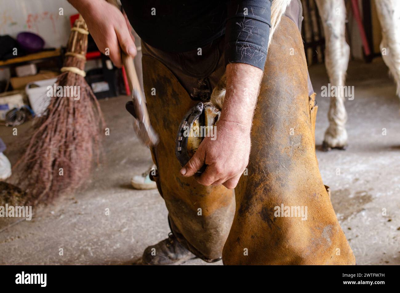 Schmied, Hufeisen ein Pferd, ein traditioneller Job, der vom Meister zum Lehrling übergegangen wurde Stockfoto