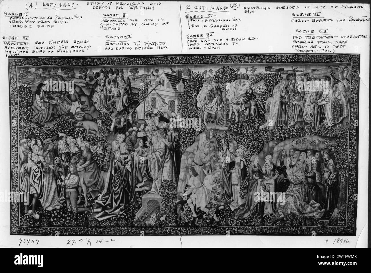 Das Gleichnis vom verlorenen Sohn. Unbekannt ca. 1490-1510 Wandteppich Abmessungen: H 14'2' x B 27'10' Wandteppich Materialien/Techniken: Unbekannt Kultur: Südholland Besitz Geschichte: Französisch & Co. Usa, Maryland, Baltimore, Walters Art Gallery. Auf Millefleurs-Grund: Verlorener Sohn kniet vor wohlhabenden Bürgern um Arbeit (L, Vordergrund); betroffener verlorener Sohn, der nach Nahrung sucht und Schweine füttert (L, Hintergrund); verlorener Sohn, der in Buße weint (L der Mitte, Hintergrund); verlorener Sohn kniet vor seinem Vater, der ihn in „bester Gewand“ kleidet (L der Mitte, Vordergrund) (Lukas 15:11-32); Te Stockfoto
