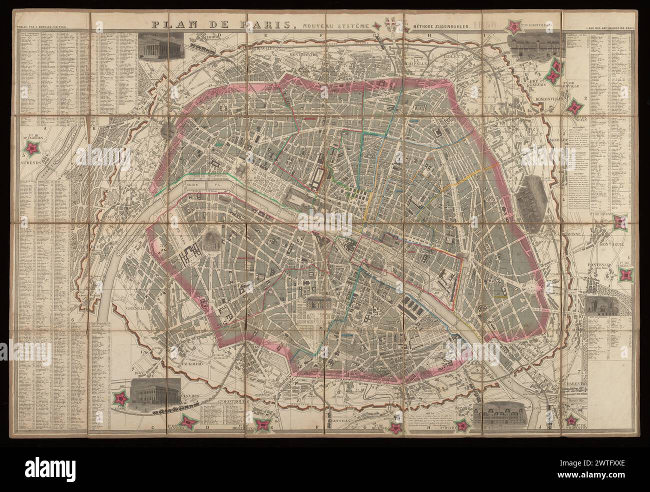 Plan de Paris : Nouveau système, Méthode Zugenbühler, 1858, 1858. [1858] in 130 nummerierten Quadraten, auf die alphabetisch aufgeführte Straßen indexiert sind. Größere Quadrate werden durch die Randkennzeichnungen A-J und 1-7 referenziert, die offenbar aus einer früheren Version des Plans stammen. Blick auf La Madeleine, Bourse, Tuilerien, Hôtel de Ville an den Ecken des Grundrisses, mit zusätzlichen Gebäuden usw., die an ihren Orten im Plan dargestellt sind. Grenzen von Arrondissements, mur d'octroi, umliegende Mauer mit Festungen in Farbe. In 48 Stück zerlegt und auf Toile montiert. Maßstab nicht angegeben. Auf der Rückseite von Getty ist Copy Lithogra Stockfoto