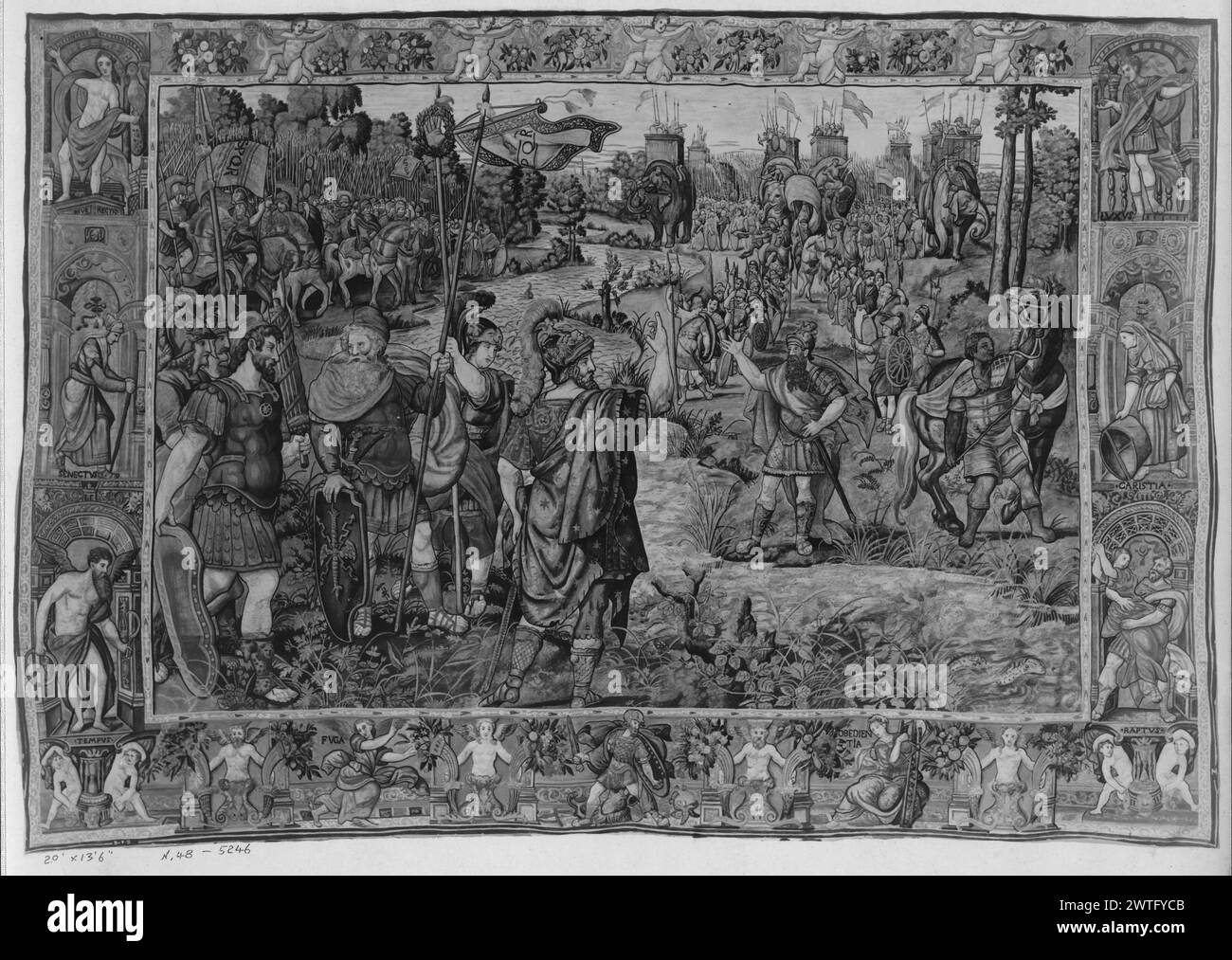 Konferenz zwischen Scipio und Hannibal vor der Schlacht von Zama. Giulio Romano (italienisch, 1492/99-1546) (entworfen nach) [Maler] Mattens, Jan (Niederlande (nach 1600), ACT.1613-d.1633/34) (Werkstatt) [Weber] ca. 1580-1600 Gobelin Abmessungen: H 13'6' x B 20' Gobelin Materialien/Techniken: Unbekannt Kultur: Flämisches Weberzentrum: Brüsseler Besitz Geschichte: Herzog von Sexten Coll., Madrid. Raoul Heilbronner Coll., Paris (c.1907-1913). French & Co. Kaufte am 2. August 1913 von Galeries Heilbronner, verkauft an Clarence Hungerford Mackay [?], 12/1916 [SS 5286]. French & Co., gekauft von Henry Symons, Invo Stockfoto