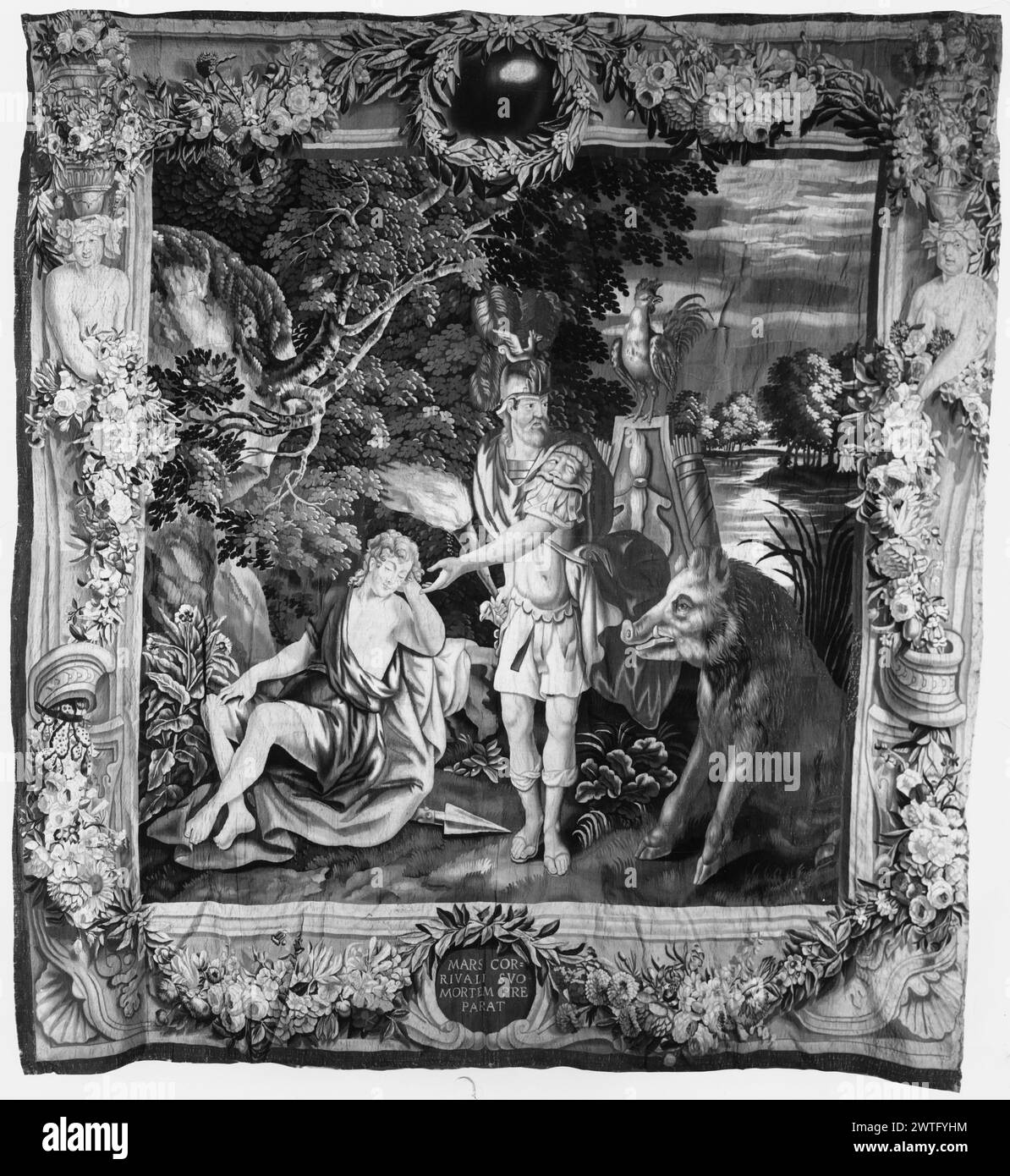 Mars (Ares) bereitet den Tod von Adonis vor, der von Ebern getötet wird. Unbekannt ca. 1670 Gobelin Abmessungen: H 12'10' x B 12' Gobelin Materialien/Techniken: Unbekannt Kultur: Flämisches Weberzentrum: Brüssel Besitzgeschichte: Französisch & Co. Inschriften: Inschrift im unteren Rand: MARS COR / RIVALI SVO / MORTEM PRE / PARAT Verwandte Werke: Kompositorisch ähnliche Tapisserie (unterschiedliche Inschrift), London, spanische Botschaft, Patrimonio Nacional, Ref. A. 367-12417, "Adonis cae en profundo sueño" Stockfoto