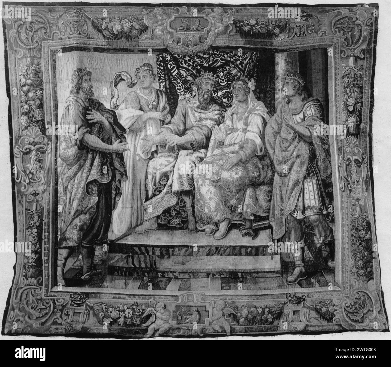 Psyche's Eltern mit Freiern für ihre Schwester. Unbekannt ca. 1600-1650 Wandteppich Abmessungen: H 11' x B 12'6' Wandteppiche Materialien/Techniken: Unbekannt Kultur: Flämisches Webzentrum: Brüssel Eigentumsgeschichte: Vereinigte Staaten, New York, Poughkeepsie, Vassar College. Verwandte Arbeiten: Panels im Set: GCPA 0238722-0238728 Stockfoto