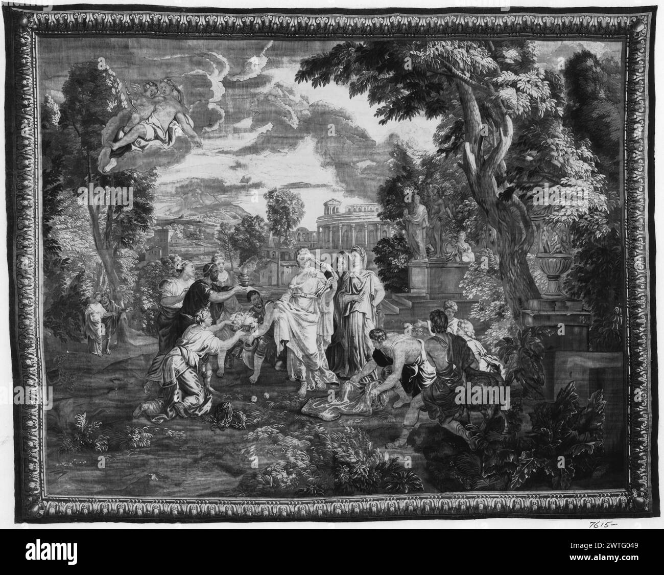 Die Psyche, die als Göttin verehrt wird, befällt den Wut der Venus (Aphrodite). Unbekannt ca. 1700-1735 Gobelin Abmessungen: H 11'8' x B 14'3' Gobelin Materialien/Techniken: Unbekannt Kultur: Flämisches Weberzentrum: Brüssel Eigentümergeschichte: French & Co. Gekauft von Mr. Wellens, fakturiert am 31.1924. Inschriften: Stadtzeichen auf der unteren Schutzwache, nach rechts Verwandte Arbeiten: Tafeln im Set: GCPA 0240900-0240903 Stockfoto