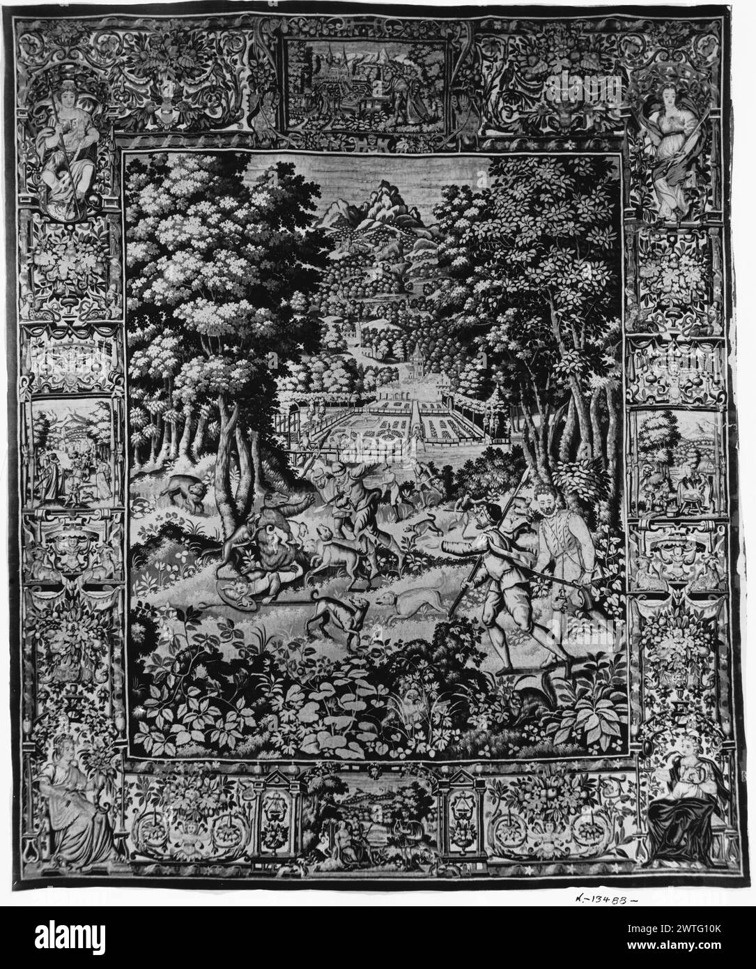 Wildpark mit Bärenjagd. Unbekannt ca. 1575-1680 Gobelin Abmessungen: H 11' x B 9'10' Gobelin Materialien/Techniken: Wolle (ungefärbt, Kette: 6/cm); Wolle & Seide (gefärbt, Schuss) Kultur: Flämisches Weberzentrum: Brüssel Besitz Geschichte: Französisch & Co. Verkauft in der Galerie Georges Petit, Paris, 4.12.1925, Los 105. Fine Arts Museums of San Francisco, Geschenk von Mr. & Mrs. Mortimer Fleishhacker (de Young). USA, Kalifornien, San Francisco, die Museen der Schönen Künste von San Francisco, Akno. 44.27. Inschriften: Nicht identifiziertes Weberzeichen auf rechter Wache, unten Stockfoto