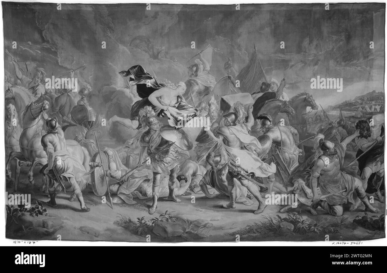 Streit um Achilles und Agamemnon. Orley, Jan van (Flämisch, 1665-1735) (Cartoon-Schöpfer) [Zeichner] Borcht, Gaspard van der (Flämisch, 1700-d.1742) (Werkstatt, ATR.) [weaver] Borcht, Pierre van der (Flämisch, ACT.1712-d.1763) (Werkstatt, ATR.) [weaver] Borght, Franz van der (Flämisch, ACT.1720-1765) (Werkstatt, ATR.) [weaver] ca. 1700-1742 Wandteppich Abmessungen: H 14'6' x B (?) Tapisserien Materialien/Techniken: Unbekannt Kultur: Flämisches Weberzentrum: Brüssel Eigentumsgeschichte: Französisch & Co. Achilles, kurz davor, sein Schwert zu ziehen, wird von Diana aufgehalten, die auf Wolken hinter sich schwebt, Cherub fliegt über Dia Stockfoto