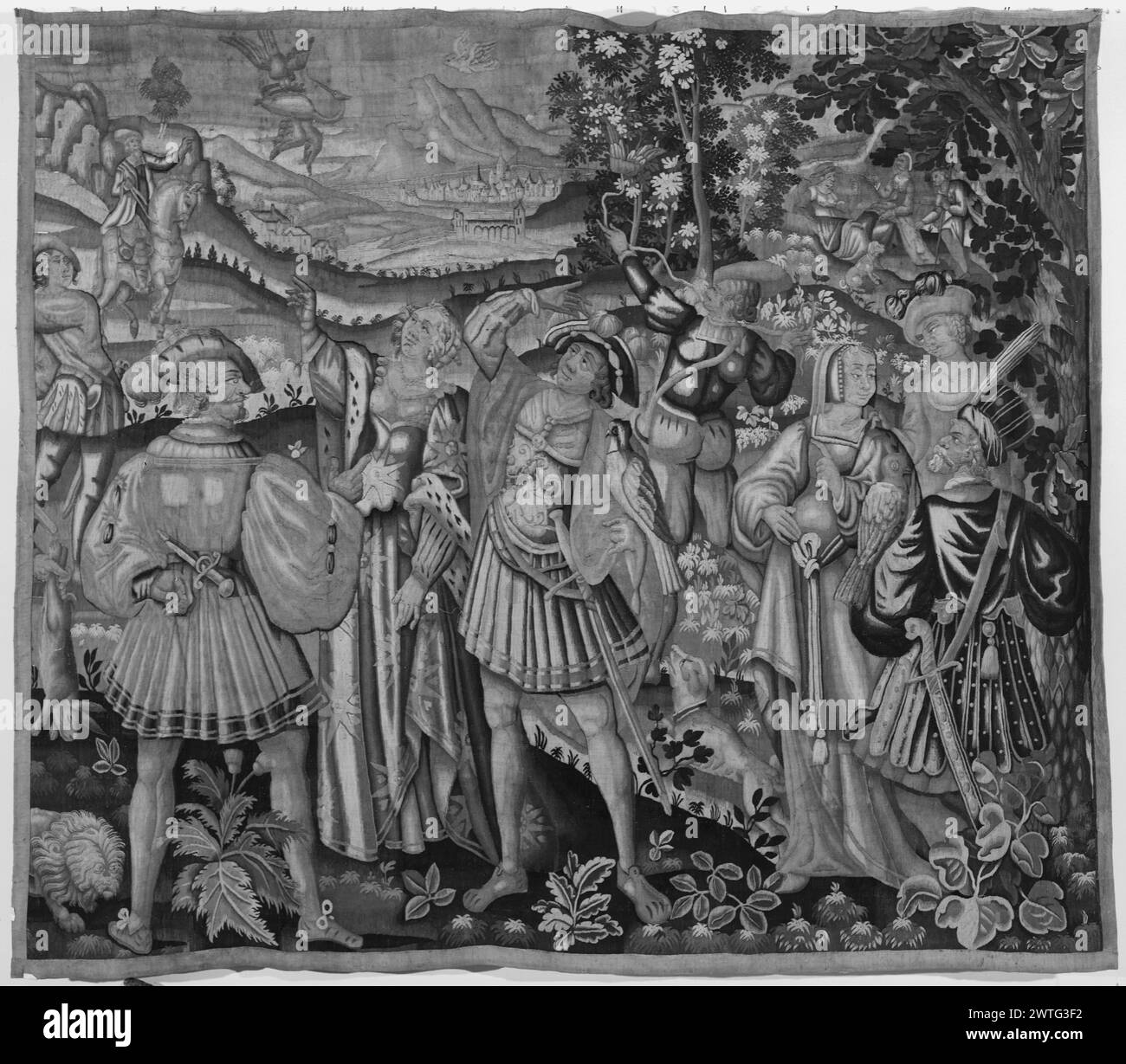 Hawking Party. Unbekannt ca. 1625-1650 Gobelin Abmessungen: H 7'8' x B 8'10' Gobelin Materialien/Techniken: Unbekannt Kultur: Flämisches Weberzentrum: Unbekannt Besitz Geschichte: Herzogin de Tallyrand Coll. French & Co. Gekauft vom National Trust for Historical Preservation 7/21/1965 [ebenfalls Listen: 1/12/1966]. In der Landschaft, eine Gruppe von Damen und Herren auf der Jagd nach Vögeln mit Falken/Falken; eine Gruppe von Bauern, die in den Hintergrenzen ruhen, fehlt. French & Co. Stock Sheet im Archiv, J-290 Stockfoto