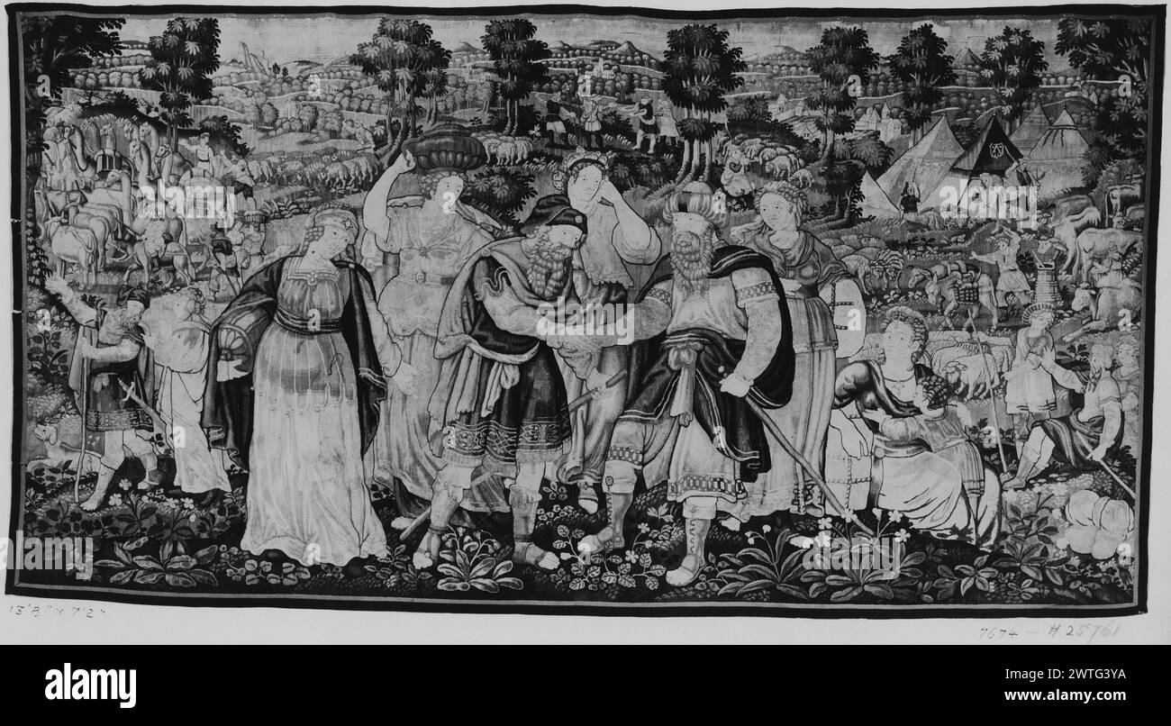 Abraham und Lot trennen sich. Unbekannt ca. 1580-1600 Gobelin Abmessungen: H 7'2' x B 13'8' Gobelin Materialien/Techniken: Unbekannt Kultur: Flämisches Weberzentrum: Brüssel Besitz Geschichte: French & Co. Gekauft von A. A. Benguiat, fakturiert am 11.1924; verkauft an F. Fleischman 1930. In der Landschaft siedelt sich Lot in Sodom an, nachdem Abraham ihm die Wahl des Umlandes gegeben hat, und sie verabschieden sich gegenseitig; Figuren umranden Grenzen (Genesis 13) fehlen. French & Co. Stock Sheet im Archiv, 25761 Stockfoto