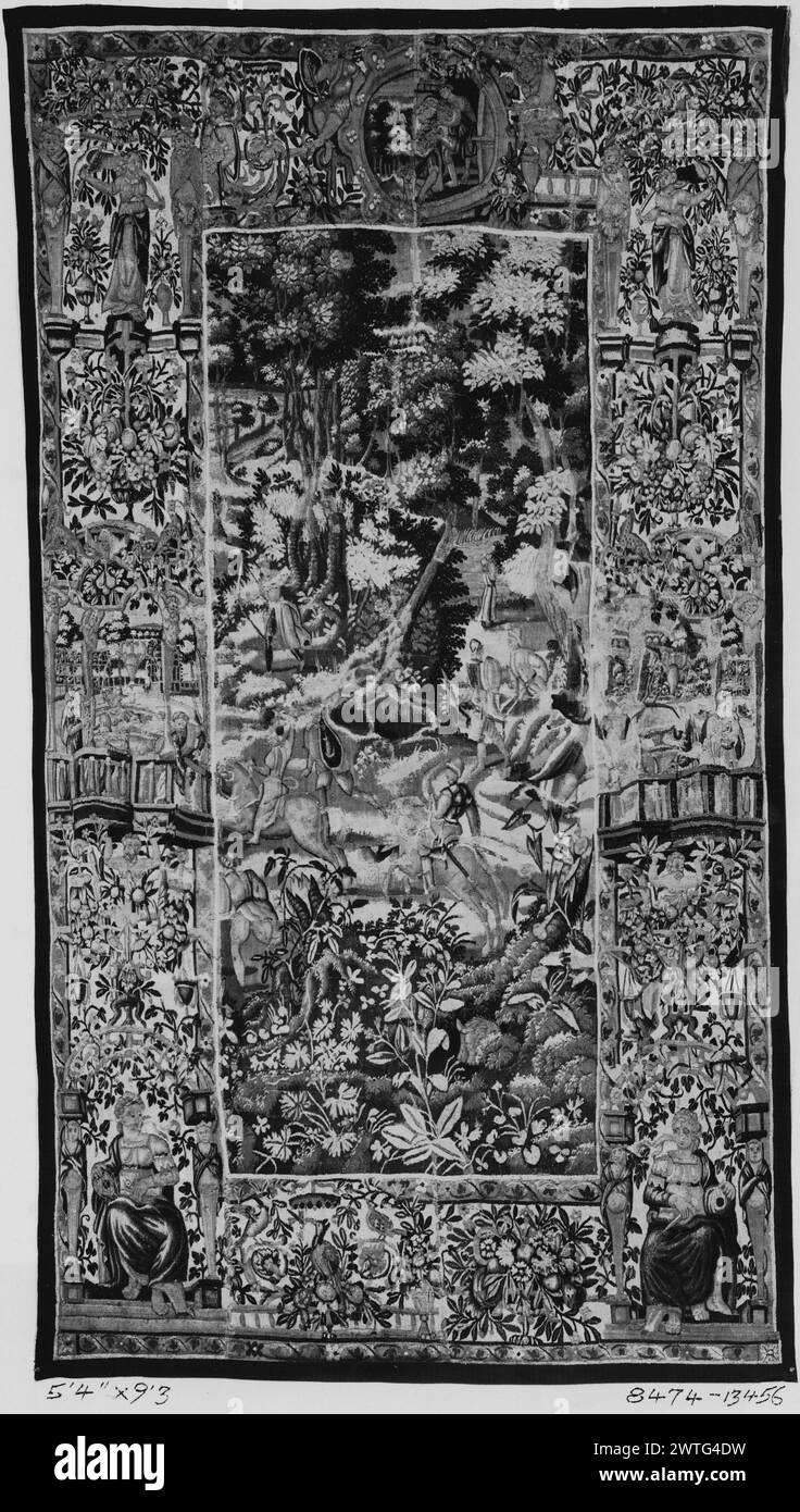 Wald mit Jägern. Unbekannt ca. 1575-1625 Gobelin Abmessungen: H 9'3' x B 5'4' Gobelin Materialien/Techniken: Unbekannt Kultur: Flämisches Weberzentrum: Brüsseler Besitz Geschichte: Französisch & Co. Gekauft von [E. S. ?] Bayer, eingegangen am 16.02.1925; verkauft an Kunst Handlung 1.25.1961. Stockfoto