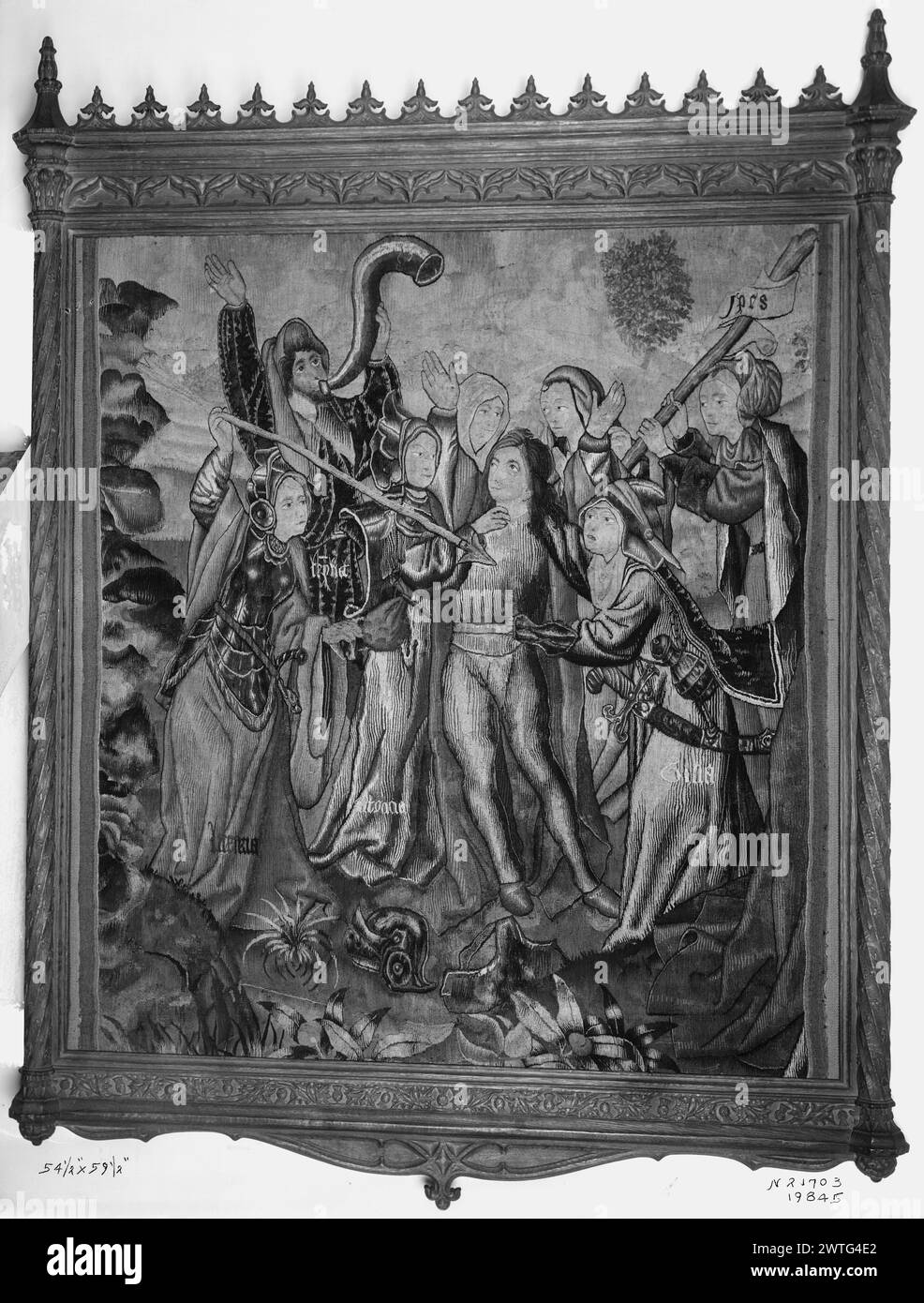 Frieden und Barmherzigkeit gewinnen das Versprechen der Erlösung für den Menschen. Unbekannt ca. 1500-1525 Gobelin Abmessungen: H 5' x B 4'4'' Gobelin Materialien/Techniken: Unbekannt Kultur: Southern Netherlands Weaving Center: Unbekannt Besitz Geschichte: Französisch & Co. Gekauft von Mrs. B. C. Fray [Jack Chrysler durchgestrichen] 26.9.1940. Personifizierung des Menschen (Homo), der Hände in die Luft wirft; angegriffen von Lecherei, die Speer hält, Habgier, die die Kehle des Mannes greift, Versuchung (Temptor = Teufel), das S-förmige Horn bläst, die Gluttonie nach dem Magen des Mannes greift, Hoffnung, einen großen Schläger hält und zwei andere weibliche Figuren stehen hinter dem Mann; im Vordergrund lag Brea Stockfoto