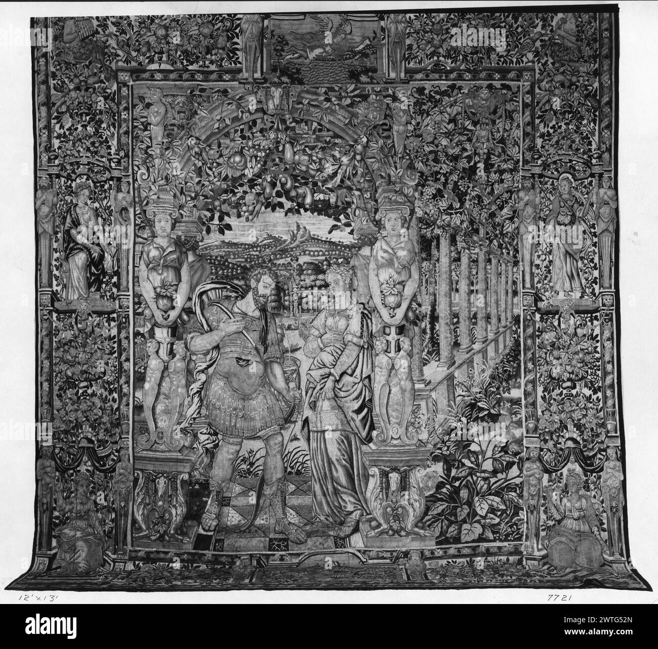 Vertumnus, verkleidet als Jäger, wirbt um Pomona. Unbekannt ca. 1620 Gobelin Abmessungen: H 13 x B 12' Gobelin Materialien/Techniken: Unbekannt Kultur: Flämisches Weberzentrum: Brüssel Besitz Geschichte: French & Co. Gekauft von American Art Association (Tolentino Sale), fakturiert 26.04.1924. Aufschriften: Stadtzeichen auf der unteren Schutzvorrichtung, links [auf Foto nicht sichtbar] Stockfoto