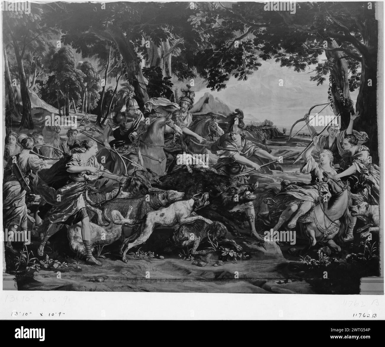 Atalanta und Meleager greifen kalydonisches Eber an. Leyniers, Urbanus (Flämisch, 1674-1747) (Werkstatt) [Weber] Leyniers, Daniel II (Flämisch, 1669-1728) (Werkstatt) [Weber] ca. 1724-1728 Gobelin Abmessungen: H 10'9' x B 13'10' 10' Gobelin Materialien/Techniken: Wolle & Seide Kultur: Flämisches Weberzentrum: Brüsseler Besitz Geschichte: Französisch & Co. Gekauft von Henry Symons, fakturiert am 28 1927.12.1922; Verkauf an William Randolph. Das Brooklyn Museum wurde 1957 von der Hearst Foundation überreicht. Vereinigte Staaten, New York, Brooklyn, Brooklyn Museum, accno. 54,4-2c. Inschriften: Stadtzeichen unten im Zentrum Stockfoto
