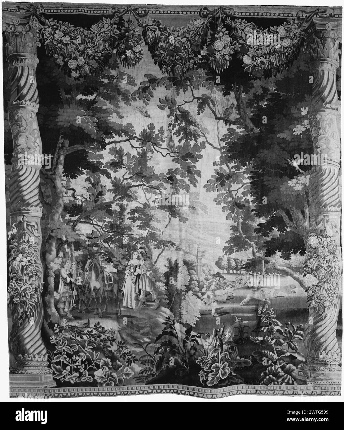 Landschaft mit Dame und Gentleman und Jägern. Unbekannt ca. 1640-1660 Gobelin Abmessungen: H 12' x B 10'2' Gobelin Materialien/Techniken: Unbekannt Kultur: Flämisches Weberzentrum: Brüssel Besitz Geschichte: Französisch & Co. Gekauft von Lionel Harris 11/3/1915 [SS 10072]. Verwandte Arbeiten: Panels im Set: GCPA 0236681, 0236907-0236910; 0236919-0236921, 0236926 Stockfoto