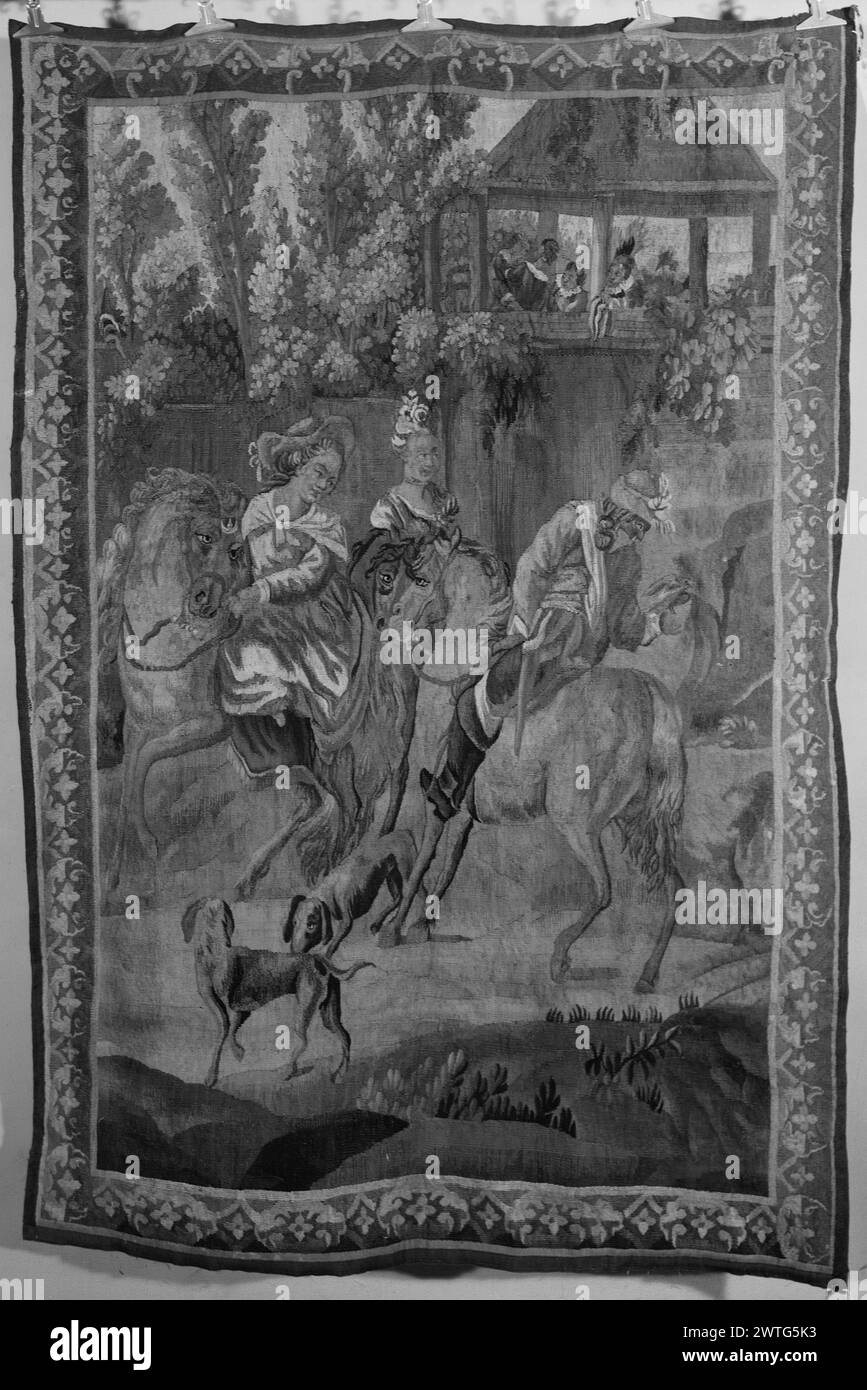 Die Jäger treffen sich. Unbekannt ca. 1760 Gobelin Abmessungen: H 6'7' x B 4'6' Gobelin Materialien/Techniken: Unbekannt Kultur: Französisches Weberzentrum: Aubusson Besitz Geschichte: Französisch & Co. Erhalten von Rohksar [Rokhsar ?/ Rokshar ?] 18.03.1965; zurückgegeben am 16.12.1965. In einer Landschaft mit Bäumen und Pavillon mit Menschen im Hintergrund, werden 2 Pferderinnen und Reiter mit Vogel auf der Hand mit ihren Hunden (BRD) Blumenköpfen in alternierenden Lutschtabletten & Akanthusblättern Fragment of Gobelin (Soustelle) gesammelt. Dieses Panel ist die zentrale Szene einer größeren Komposition, die Teil der Jagdserie (Campbell) ist. Französisch Stockfoto