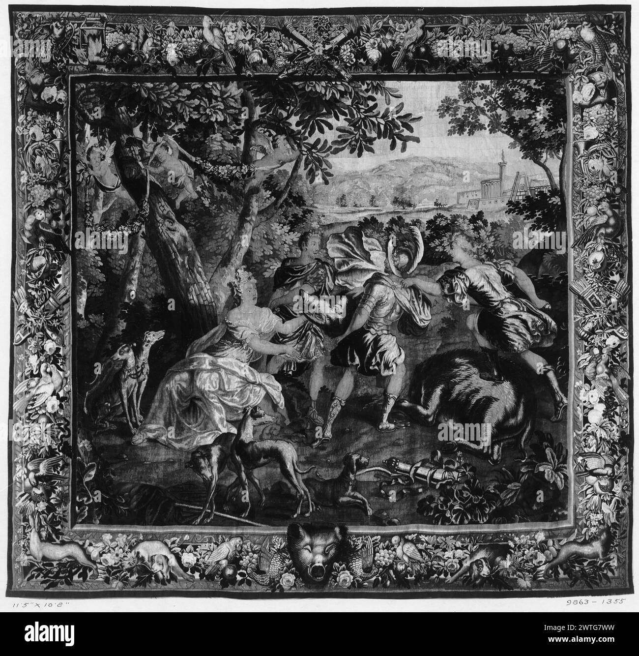 Meleagers Onkel Plexippus und Toxeus versuchen, den Kopf des kalydonischen Ebers aus Atalanta zu nehmen. Unbekannt ca. 1690-1710 Gobelin Abmessungen: H 10'8' x B 11'5' Gobelin Materialien/Techniken: Unbekannt Kultur: Flämisches Weberzentrum: Brüsseler Besitz Geschichte: Gekauft von French & Co. (Wahrscheinlich 24.04.1914). Verwandte Arbeiten: Panels im Set: GCPA 0238648-0238651 Stockfoto