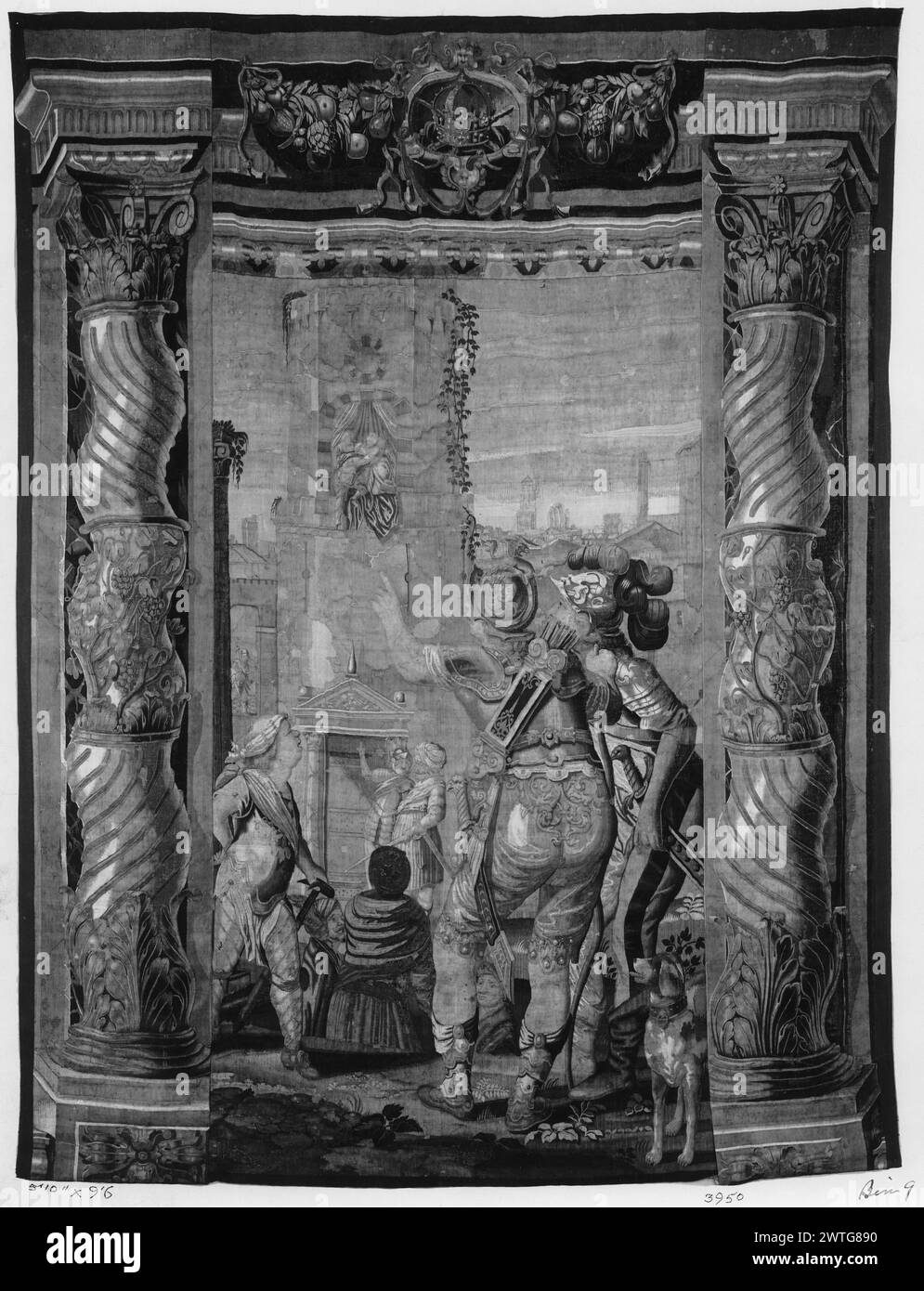 Der Tod von Mark Antonius. Unbekannt ca. 1640-1660 Gobelin Abmessungen: H 9'6' x B 5'10' Gobelin Materialien/Techniken: Unbekannt Kultur: Flämisches Weberzentrum: Brüssel Besitz Geschichte: Französisch & Co. Erhalten von C. M. F. [n.d.]; zurückgegeben am 19.09.1922. Der sterbende Markus Antonius wird von Kleopatra und ihren beiden Dienstmädchen (L & R BRD) in das Kleopatra-Denkmal gehisst (salomonische) Spiralsäulen mit Cherubim und korinthischen Kapitellen; (UPR BRD) Blumen- und Fruchtgirlande mit Bändern gebunden, Kartusche mit Krone in der Mitte GCPA 0237580 hat einen unteren Rand aus abstraktem Laub, der oben auf dem mittleren Feld zu sehen ist Stockfoto