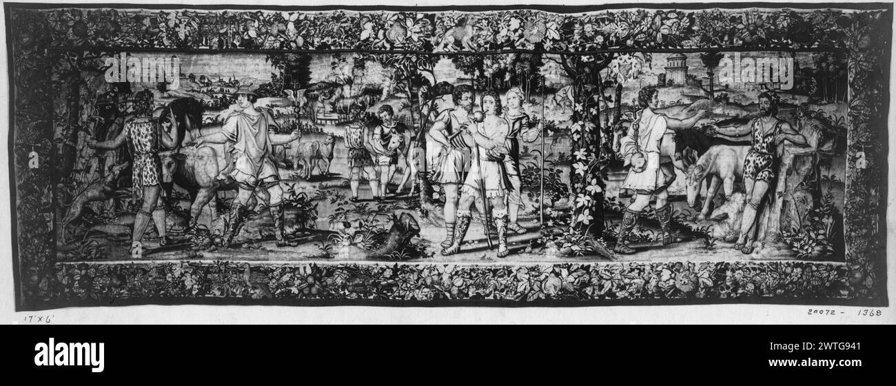 Quecksilber (Hermes) stiehlt Apollo's Vieh. Unbekannt ca. 1540-1560 Gobelin Materialien/Techniken: Unbekannt Kultur: Flämisches Weberzentrum: Brüsseler Besitz Geschichte: Französisch & Co. Usa, Florida, Miami, Villa Vizcaya Museum & Gardens. Stockfoto