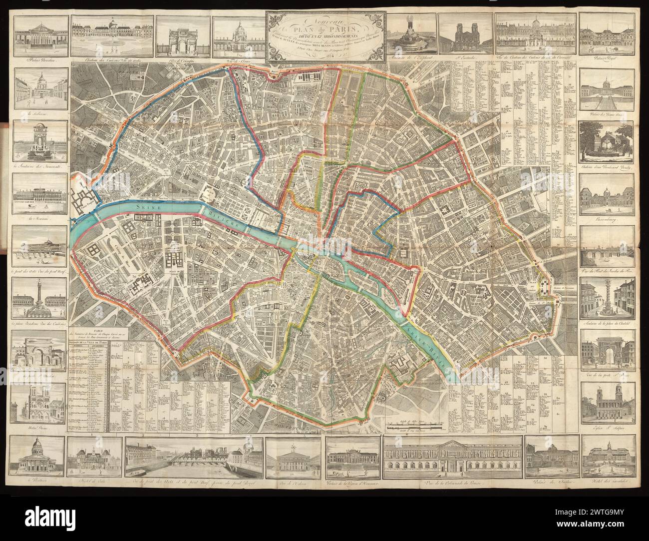 Nouveau Plan de Paris, divisé en 12 Arrondissements : contenant la nomenclature exacte des rues tant anciennes que nouvelles, et orné de 30 vues des prinzipaux Monuments et edifices publics : gravé en taille-douce, 1824. 1824 Grenzen der Arrondissements in Farbe. Straße mit nummerierten Quadraten im Plan indiziert. Skalieren Sie ca. 1:12.000. Getty Copy trägt handgeschriebenes Titeletikett auf S. [1] des Umschlags: Nouveau Plan de Paris orné de 30 vues des prinzipaux monumens, 1824. Index: Vallée, L. Catalogue des Plans de Paris, 3071. Stockfoto