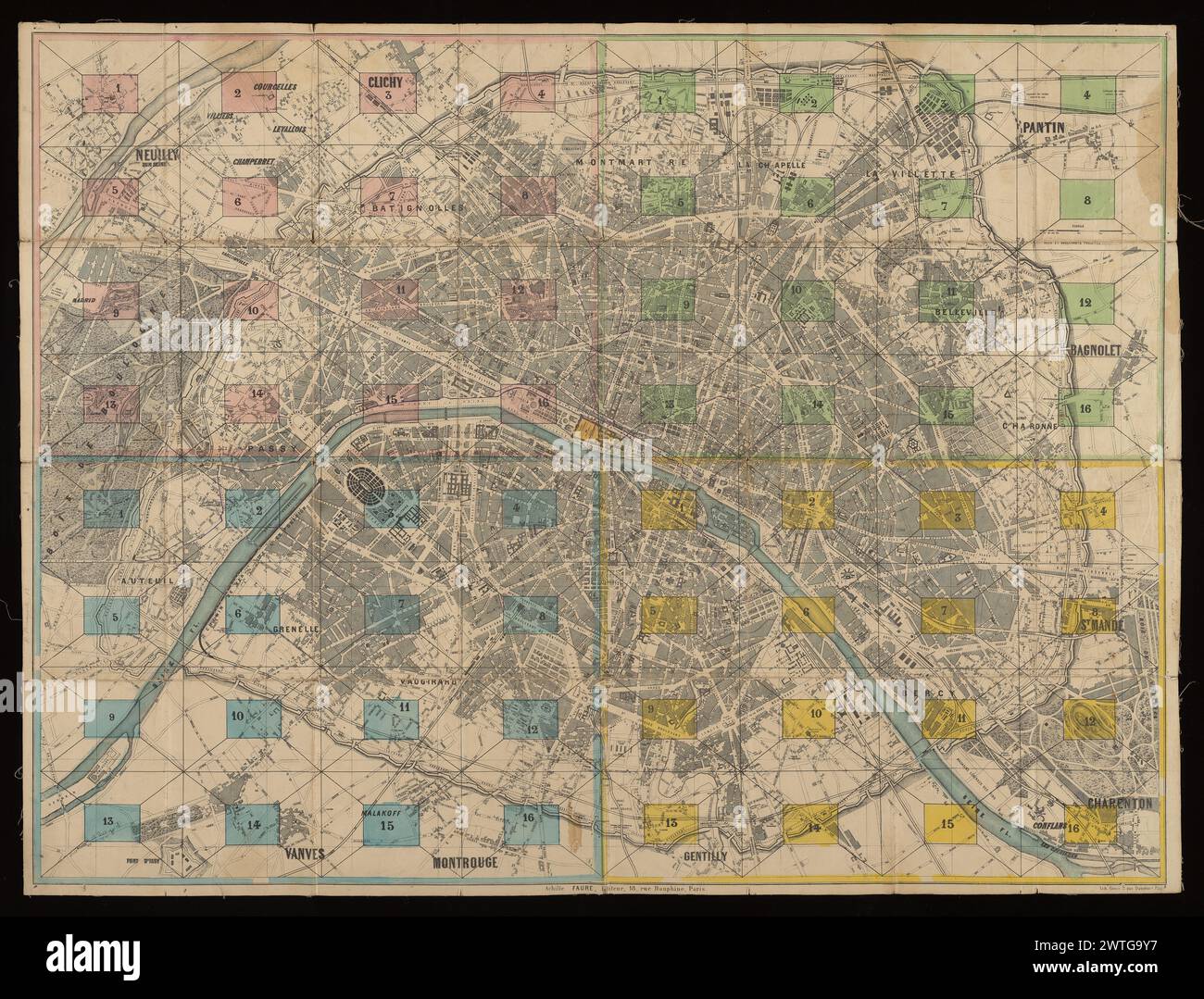 Paris Instantané: Plan à aiguille / H.A. de Conty, 1865. Conty, Henry A. De (Henry-Alexis), 1828-1896, Kartograph. [1865?] Titeltitel. Undatiert. Mutmaßliches Veröffentlichungsdatum 1865, geschrieben mit Bleistift auf der Rückseite des Plans und auf S. [1] des Straßenindex. Der Plan ist in vier Vierteln geordnet, die jeweils aus 16 nummerierten Rechtecken bestehen, zu denen die separat gedruckte „Nomenclature alphabétique des rues de Paris“ indexiert ist. Jedes Rechteck ist in 5 Bereiche unterteilt, deren Mittelfeld für das Viertel, in dem es sich befindet, farbcodiert ist. Somit wird die Lage jeder Straße als Buchstabe für die angegeben Stockfoto