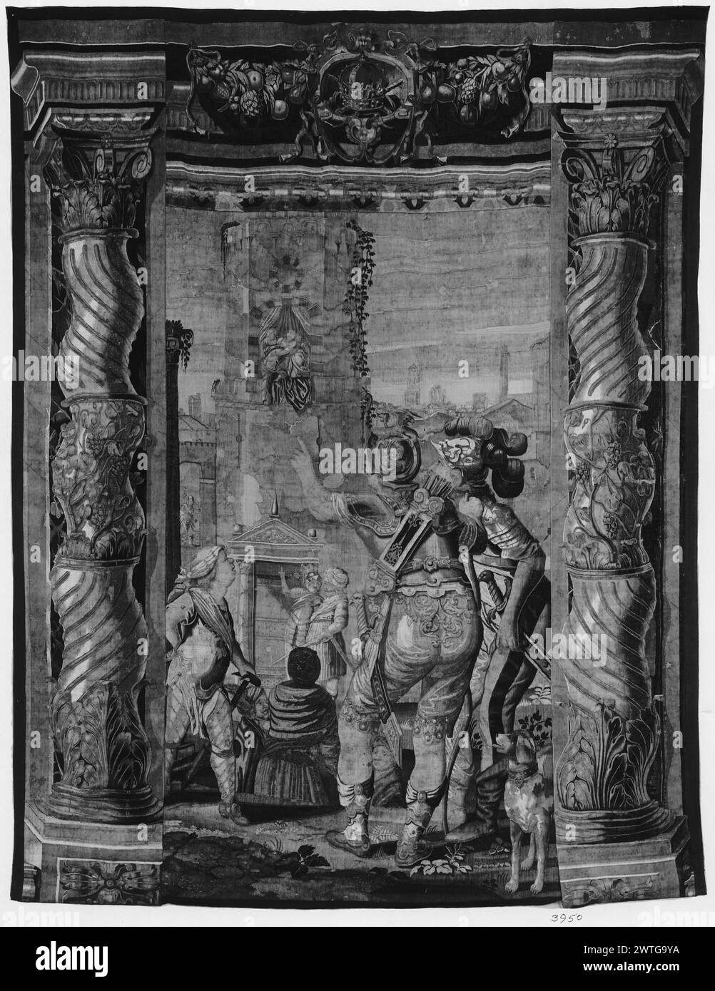 Der Tod von Mark Antonius. Unbekannt ca. 1640-1660 Gobelin Abmessungen: H 9'6' x B 5'10' Gobelin Materialien/Techniken: Unbekannt Kultur: Flämisches Weberzentrum: Brüssel Besitz Geschichte: Französisch & Co. Erhalten von C. M. F. [n.d.]; zurückgegeben am 19.09.1922. Der sterbende Markus Antonius wird von Kleopatra und ihren beiden Dienstmädchen (L & R BRD) in das Kleopatra-Denkmal gehisst (salomonische) Spiralsäulen mit Cherubim und korinthischen Kapitellen; (UPR BRD) Blumen- und Fruchtgirlande mit Bändern gebunden, Kartusche mit Krone in der Mitte GCPA 0237580 hat einen unteren Rand aus abstraktem Laub, der oben auf dem mittleren Feld zu sehen ist Stockfoto