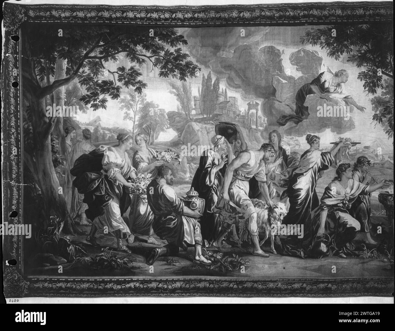 Die Psyche, die als Göttin verehrt wird, befällt den Wut der Venus (Aphrodite). Orley, Jan van (Flämisch, 1665-1735) (Autor des Entwurfs) [Zeichner] Hecke, Peter van den (Flämisch, ACT.1711-1752) (Werkstatt, ATR.) [weaver] ca. 1710-1750 Gobelin Abmessungen: H 11'9' x B 29'9' Gobelin Materialien/Techniken: Unbekannt Kultur: Flämisches Weberzentrum: Brüssel Eigentumsgeschichte: Französisch & Co. USA, Kentucky, Louisville, J.B. Speed Art Museum. Verwandte Werke: Panels in Set: GCPA 0238729-0238730, 0240898-0240899; stilistisch ähnliche Sets von van Orley, mit gleicher Umrandung, umfassen GCPA 0240893-0240897 (Arms of M) Stockfoto