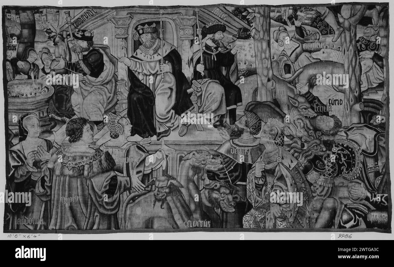 Allegorische Szene. Unbekannt ca. 1530 Gobelin Abmessungen: H 6'4' x B 10'8' Gobelin Materialien/Techniken: Unbekannt Kultur: Flämisches Weberzentrum: Tournai Besitz Geschichte: Französisch & Co. 3 Könige sitzen auf einer Plattform, umgeben von Figuren, jeder König spricht die Figuren vor ihm an; auf L King gibt Frauen, die Flaschen mit Flüssigkeit in den behälter gießen; in der Mitte gibt König Gesten zu 3 Figuren, die auf R zu visziös aussehenden Ziegen Gesten treten; auf R King Gesten zu Mann und Frauen, die von Schweinen angegriffen werden, Grenzen fehlen. Kein French & Co.-Lagerbogen im Archiv, keine Best.-Nr. Stockfoto
