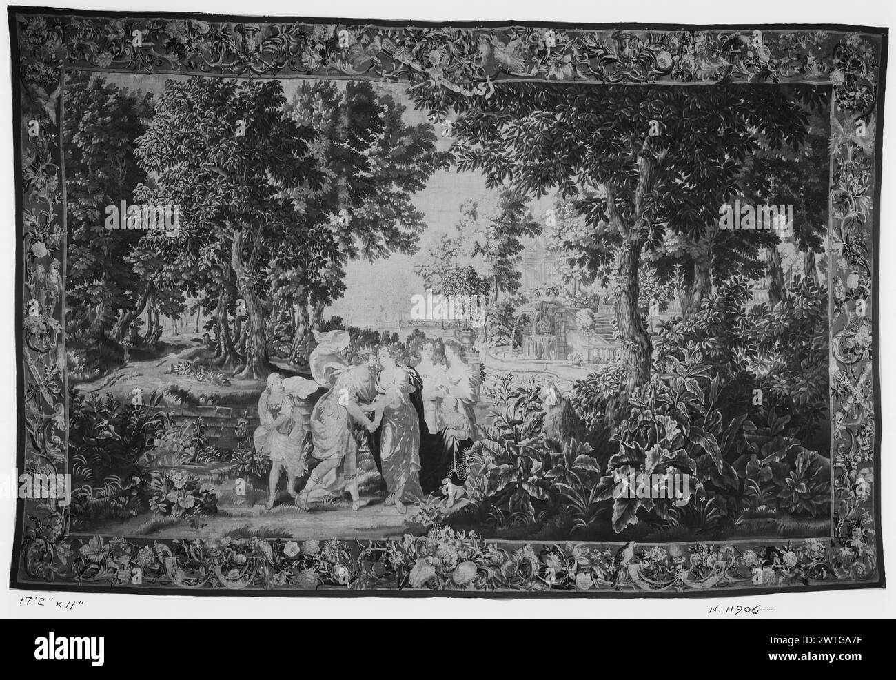 Landschaft mit Jupiter und Juno (Hera), während Quecksilber beobachtet wird. Unbekannt ca. 1675-1700 Gobelin Abmessungen: H 11 x B 17 cm Gobelin Materialien/Techniken: Unbekannt Kultur: Flämisches Weberzentrum: Brüssel Besitzgeschichte: Französisch & Co. Verwandte Werke: Kompositorisch ähnliche Gobelin (Jupiter & Juno), GCPA: 0238618, 0238619 Stockfoto