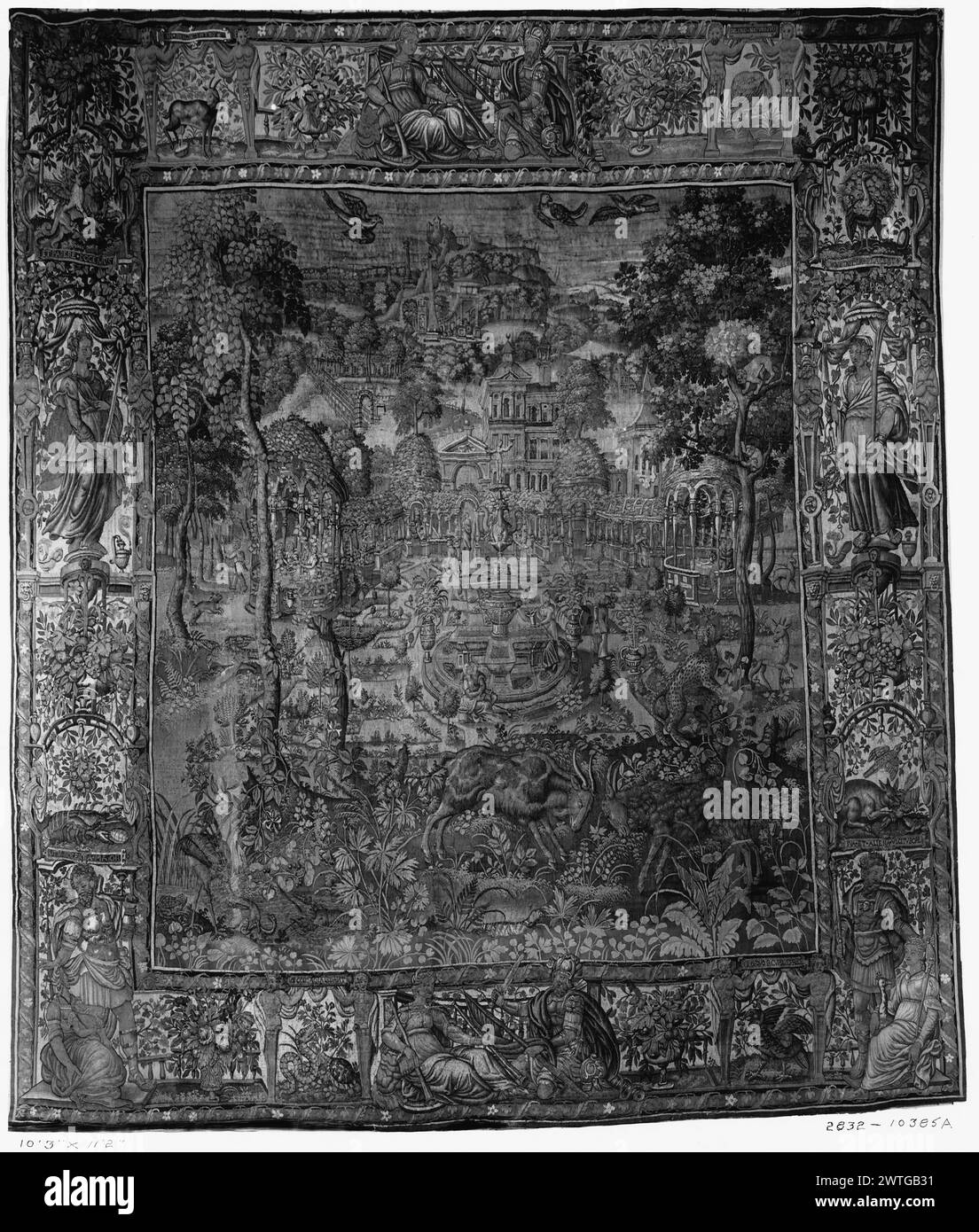 Wildpark mit Ziege und Leopard. Guebels, Jacques I (Niederländisch (vor 1600) - Flandern, ACT.1580-1605) (Werkstatt, ATR.) [weaver] ca. 1580-1600 Gobelin Abmessungen: H 11'2' x B 10'3' Gobelin Materialien/Techniken: Unbekannt Kultur: Flämisches Weberzentrum: Brüssel Besitz Geschichte: French & Co. Gekauft von Mrs. William Starr Miller am 3.1919; übertragen auf SS 20922 [SS 10385]. French & Co. "Für Möbel verwendet" [SS 20922]. Inschriften: Webermarke auf rechter Wache, untere Inschrift: Inschrift oben, oben Widder: IN DESCISCENTES Inschrift: INSCHRIFT oben Stockfoto