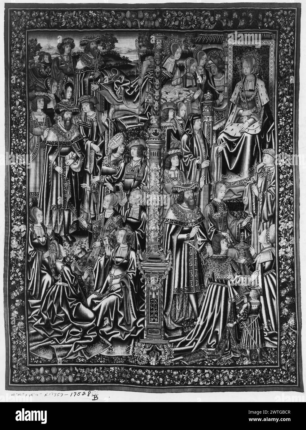 Dido empfing Aeneas, während Venus (Aphrodite) über der Wolke den Vorsitz innehatte. Unbekannt ca. 1515-1520 Wandteppich Abmessungen: H 12'10' x B 16'4' Wandteppich Materialien/Techniken: Unbekannt Kultur: Südholland Besitz Geschichte: French & Co. Gekauft von Morgan Coll. Wandteppiche (von Knole Coll.) 15.1916; verkauft an W. H. Smith 1/1920 [SS 7031]. French & Co. Erhalten von W. Hickle Smith, in Rechnung gestellt am 20.02.1932; „B“ zurückgegeben am 16/1940 [SS 17528]. Vereinigte Staaten, New York, New York, Pierpont Morgan Library. Die Mittelsäule teilt die Szene in zwei Hälften; Aeneas geht von einem kleinen Schiff aus, er hält ein Zepter (L, oben); Stockfoto