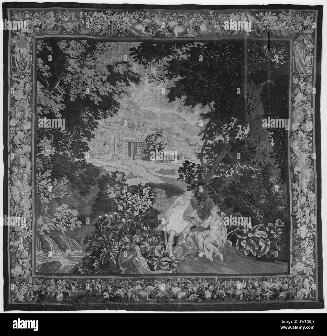 Meleager übergibt Atalanta den Kopf des kalydonischen Schweins. Unbekannt ca. 1675-1700 Gobelin Abmessungen: H 10'2' x B 10'9' Gobelin Materialien/Techniken: Unbekannt Kultur: Flämisches Weberzentrum: Brüssel Besitz Geschichte: Französisch & Co. Erhalten von Bray, 13.04.1925; zurückgegeben am 12/1925 [SS 13496]. French & Co., gekauft von Hobart P. Skofield, 7/1/1957 [58112]. Verwandte Arbeiten: Panels im Set: GCPA 0238639-0238646 Stockfoto