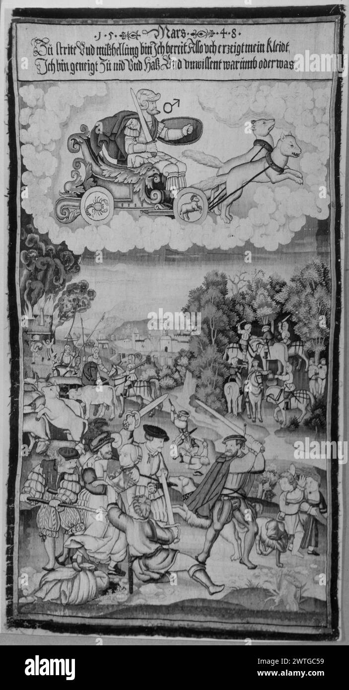 Mars (Aries). Unbekannt datiert 1548 Gobelin Materialien/Techniken: Unbekannt Kultur: Deutscher Besitz Geschichte: Französisch & Co. Gekauft von der Gräfin Pourtales 12/27/1961 (negativer Umschlag). USA, New York, New York, das Metropolitan Museum of Art Inschriften: Inschrift über dem Mittelfeld: Mars. Mars in Wagen gezogen von 2 Hunden (oben); 2 Männer im Schwertkampf; Gruppen von Männern zu Pferd (unten) kein French & Co. Stock Sheet im Archiv, keine Best.-Nr. Verwandte Werke: Tafeln im Set: GCPA 0244804-0244811, 0184761-0184763 Stockfoto