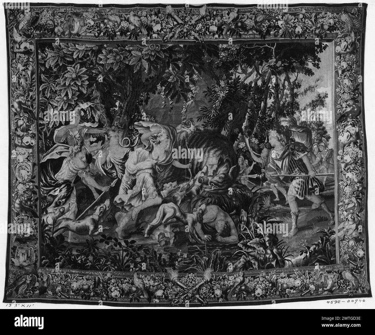 Atalanta und Meleager greifen kalydonisches Eber an. Unbekannt ca. 1690-1710 Gobelin Abmessungen: H 11' x B 13'3' Gobelin Materialien/Techniken: Unbekannt Kultur: Flämisches Weberzentrum: Brüsseler Besitz Geschichte: Französisch & Co. Gekauft von Frau E. C. Potter 24.1914. Verwandte Arbeiten: Panels im Set: GCPA 0238649-0238650, & möglicherweise 0238648 & 0238651 Stockfoto