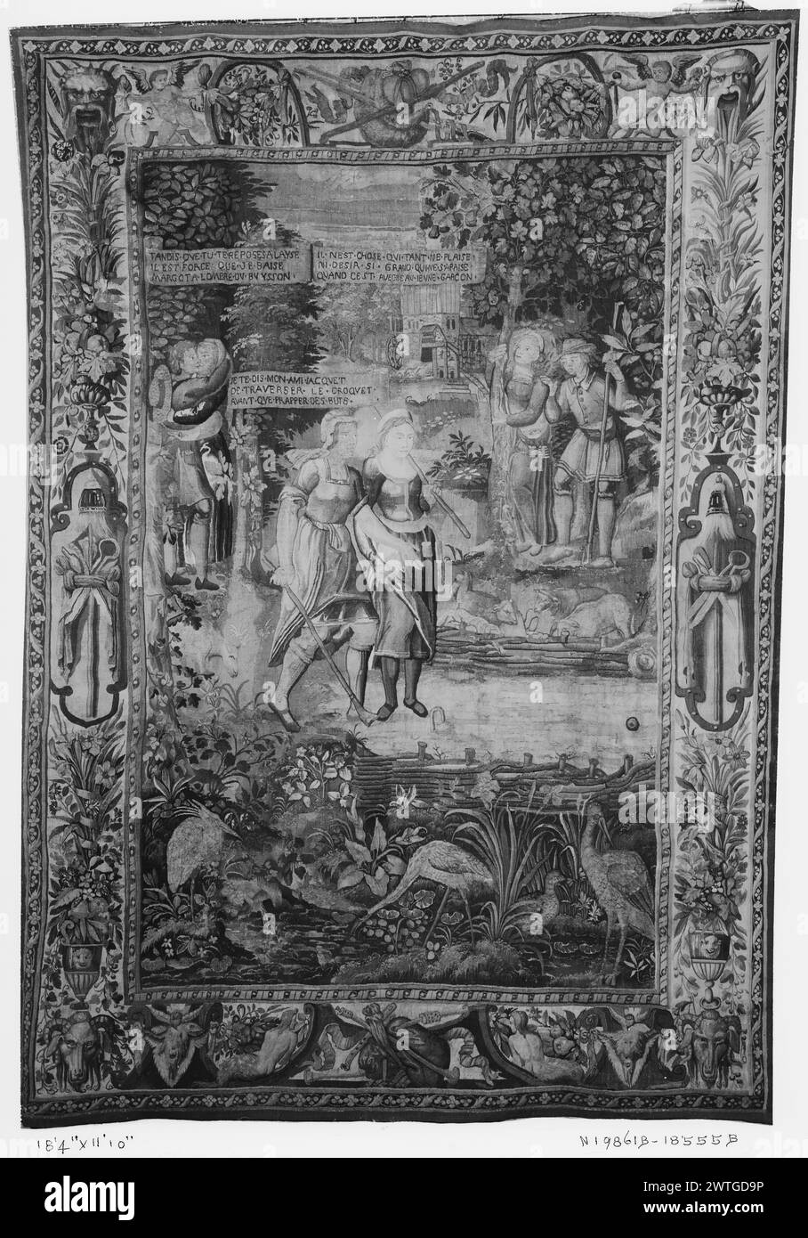 Krocketspiel. Leclerc, Jean (Französisch, 1587-1633) (entworfen nach) [Druckerei] ca. 1625-1675 Gobelin Abmessungen: H 8'4' x B 11'10' Gobelin Materialien/Techniken: Unbekannt Kultur: Flämisches Weberzentrum: Brügge Besitz Geschichte: Verkauft bei American Art Association (Verkauf von Emile Jellinek-Mercedes), 20.02.1926, Los 13. French & Co. Erhalten von G. J. Jacobson, in Rechnung gestellt am 2.11.1936; zurückgegeben am 18.2.1939. Inschriften: Inschrift im zentralen Feld auf Banderole, links oben: TANDIS QVE tu TE RUHT Eine LAYSE /.. Inschriften: Inschrift im zentralen Feld auf Banderole, Mitte oben: IL NEST WÄHLTE QVI TANT Stockfoto