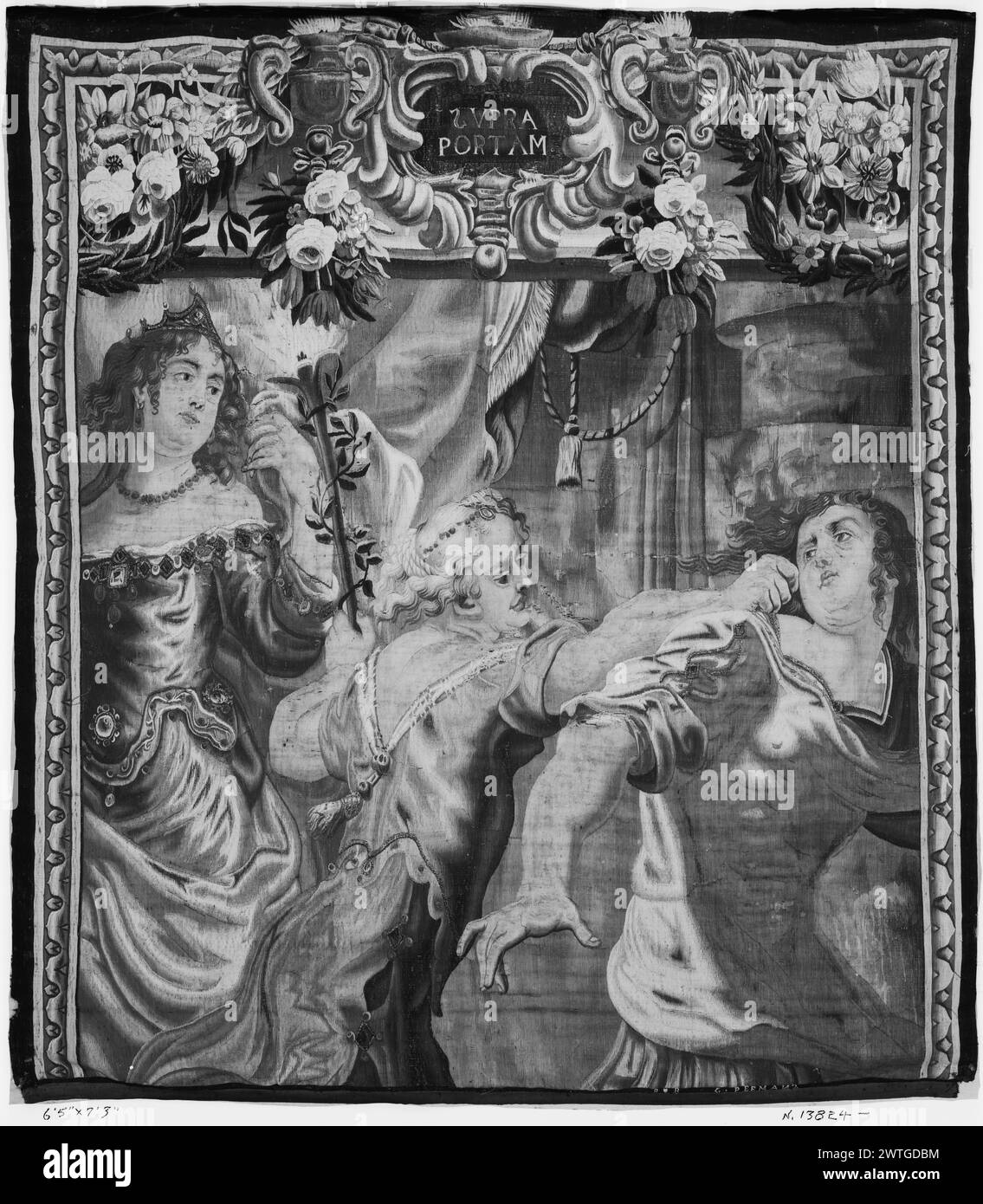 Minerva (Athena) hält Achilles Wut zurück. Rubens, Peter Paul (Flämisch, 1577-1640) (entworfen nach) [Maler] Peemans, Gerard (Flämisch, ca. 1675-1700) (Werkstatt) [Weber] ca. 1660-1680 Gobelin Materialien/Techniken: Unbekannt Kultur: Flämisches Weberzentrum: Brüsseler Besitz Geschichte: Französisch & Co. Inschriften: Stadtzeichen auf der unteren Wache, rechts von der Mitte [teilweise sichtbar auf Foto] Inschriften: Gewebte Unterschrift in der unteren Wache, rechts [teilweise sichtbar auf Foto]: G. PEEMANS Inschriften: Inschrift in der oberen Grenzkartusche: SVPRA / PORTAM Achilles wird von Minerva, die gra Stockfoto