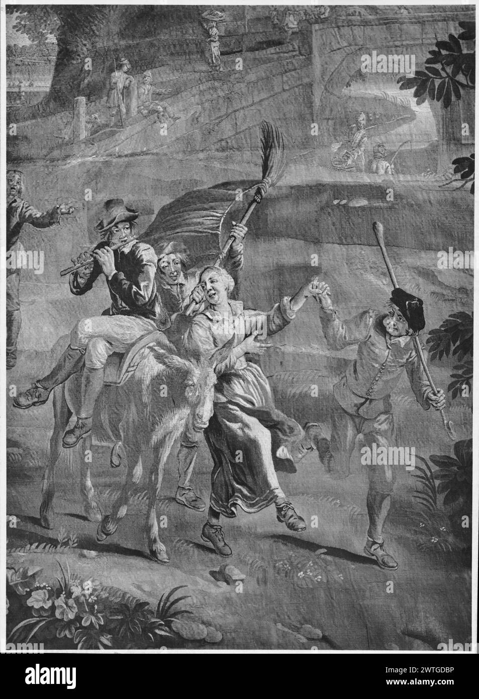 Kermesse. Unbekannt ca. 1700-1750 Gobelin Materialien/Techniken: Unbekannt Kultur: Flämisches Weberzentrum: Brüssel in der Landschaft vor dem gasthaus, Figuren tanzen; Figur auf umgedrehter Wanne spielt Dudelsack; rechts, Figuren tanzen um den Menschen auf Esel, spielen Flöte; Bridge in Background (L BRD) stilisierte Akanthus- und Eichenblätter, durchsetzt mit Eicheln, gesäumt von einem inneren schmalen Band aus drehendem Band mit Motiv aus Band, das in Stücke geschnitten ist. Die linke Seite des Panels wird durch GCPA 0239709 dargestellt, die rechte durch GCPA 0239710. Stockfoto