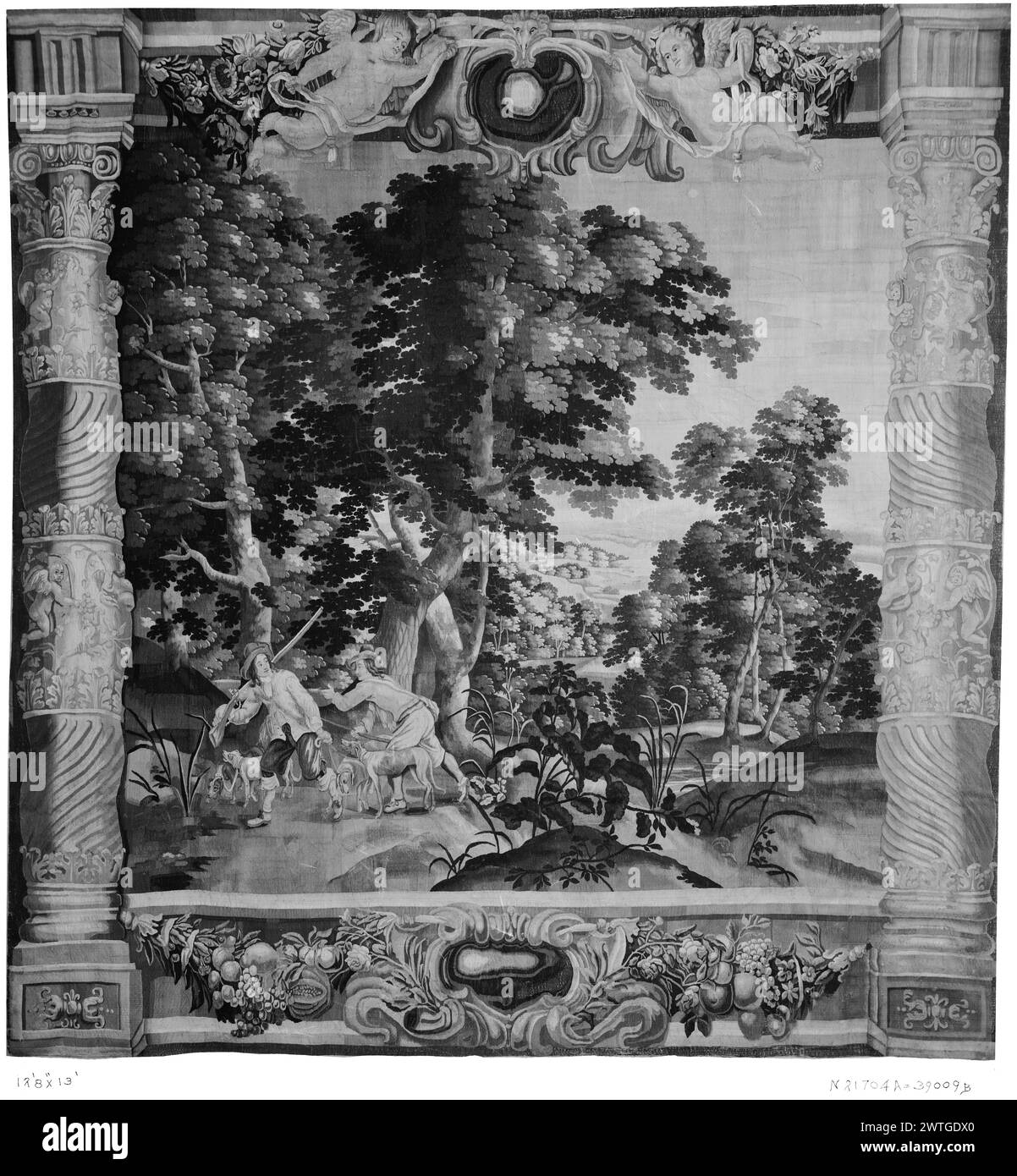 Landschaft mit Jägern und Hunden. Unbekannt ca. 1630-1660 Gobelin Abmessungen: H 13'2' x B 12'8' Gobelin Materialien/Techniken: Unbekannt Kultur: Flämisches Weberzentrum: Brüssel Besitz Geschichte: French & Co. Gekauft von Mrs. Pembroke Jones 1/27/1917; verkauft an Mr. [John McEntee] Bowman 10/13/1927 [SS 4009]. French & Co. Gekauft von James P. Silo, New York (Verkauf von John McEntee Bowman) 1/19/1933 [SS 4009]. Verwandte Arbeiten: Panels im Set: GCPA 0236913, 0245492 Stockfoto