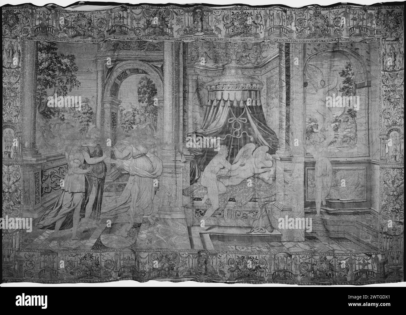 Die Psyche schaut sich Sleeping Cupid an. Castello, Giovanni Battista (italienisch, 1509-1569) (Autor des Designs) [Maler] ca. 1560-1570 Gobelin Abmessungen: H 12'7' x B 19'5' Gobelin Materialien/Techniken: Unbekannt Kultur: Flämisches Weberzentrum: Brüsseler Besitz Geschichte: Französisch & Co. Corcoran Gallery, Washington, D. C. Dépôt des Monuments Historiques, Frankreich, gekauft 1970. Frankreich, Deux-Sèvres, Oiron, Château d'Oiron. Verwandte Arbeiten: Panels im Set: GCPA 0238718-0238721 Stockfoto