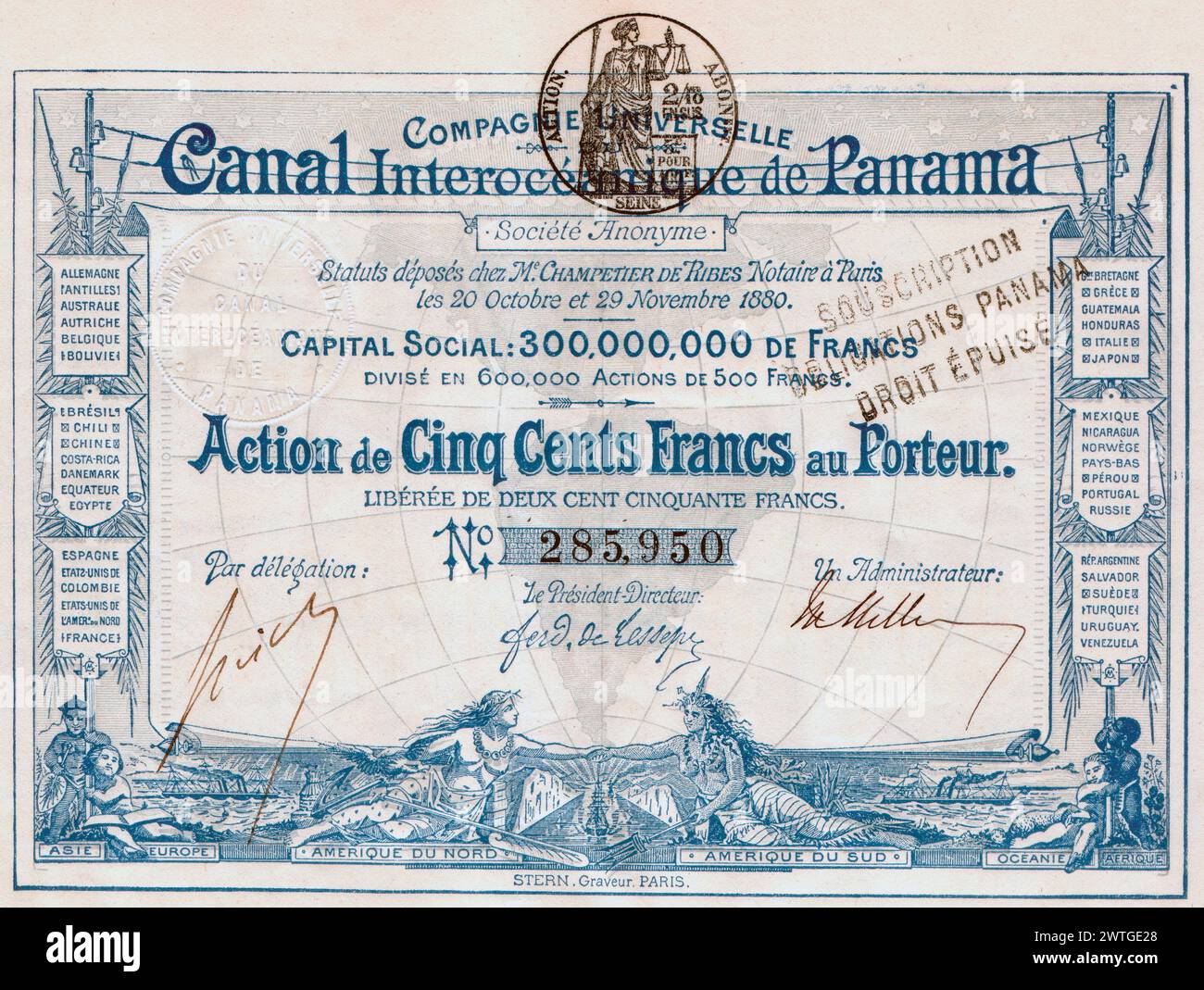Verpflichtung in Höhe von 500 Francs des Panamakanals, ausgestellt am 20./29. November 1880. Gedruckte Unterschrift von Ferdinand de Lesseps Stockfoto