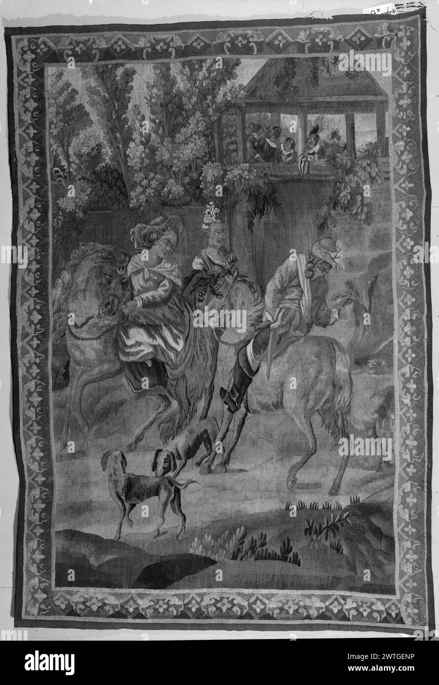 Die Jäger treffen sich. Unbekannt ca. 1760 Gobelin Abmessungen: H 6'7' x B 4'6' Gobelin Materialien/Techniken: Unbekannt Kultur: Französisches Weberzentrum: Aubusson Besitz Geschichte: Französisch & Co. Erhalten von Rohksar [Rokhsar ?/ Rokshar ?] 18.03.1965; zurückgegeben am 16.12.1965. In einer Landschaft mit Bäumen und Pavillon mit Menschen im Hintergrund, werden 2 Pferderinnen und Reiter mit Vogel auf der Hand mit ihren Hunden (BRD) Blumenköpfen in alternierenden Lutschtabletten & Akanthusblättern Fragment of Gobelin (Soustelle) gesammelt. Dieses Panel ist die zentrale Szene einer größeren Komposition, die Teil der Jagdserie (Campbell) ist. Französisch Stockfoto